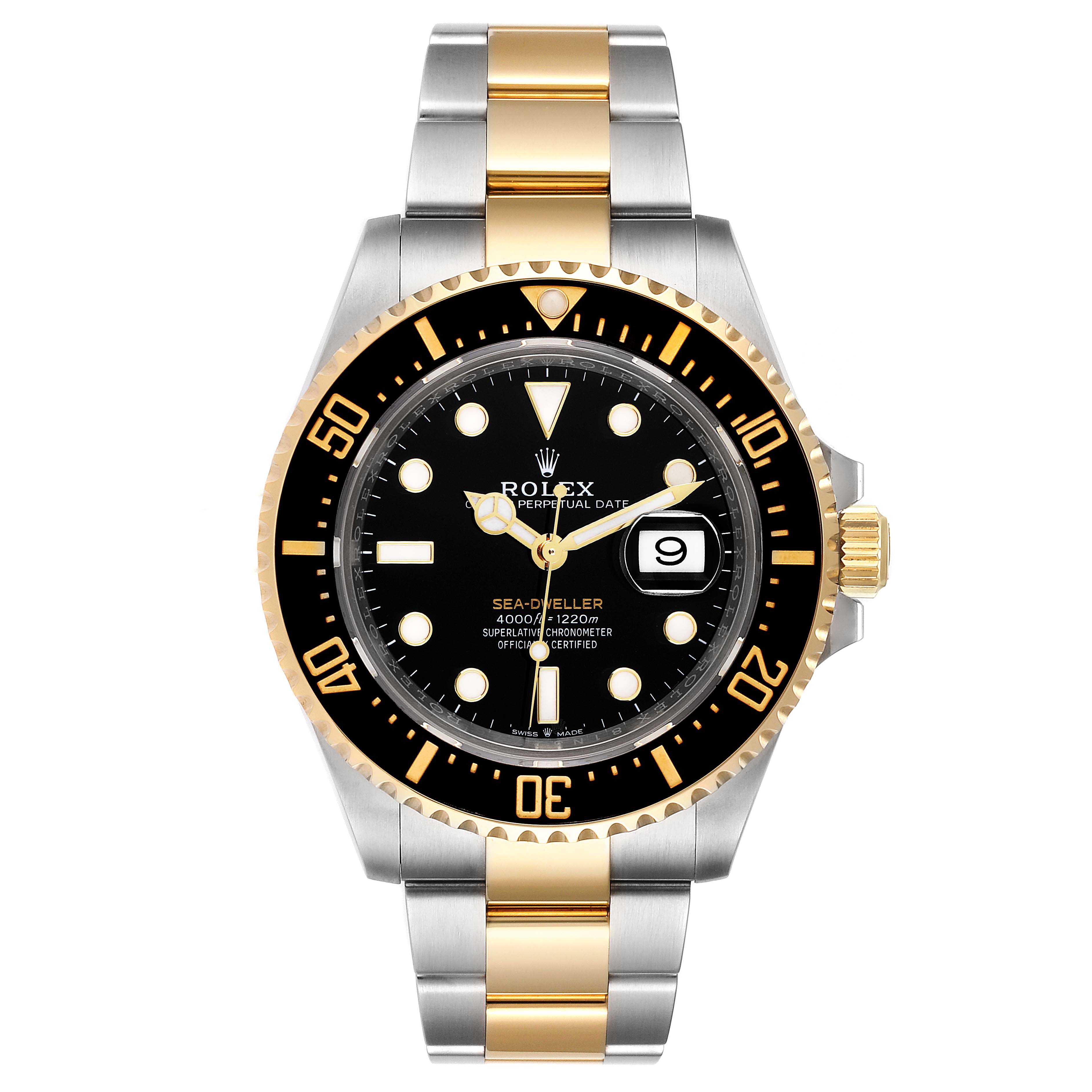 The Rolex Sea-Dweller 126603 Men
s Steel and Gold (two tone) Black Dial 126603 Men
s Steel and Gold (two tone) Black Dial watch is shown from a front view, displaying the dial, bezel, and bracelet.