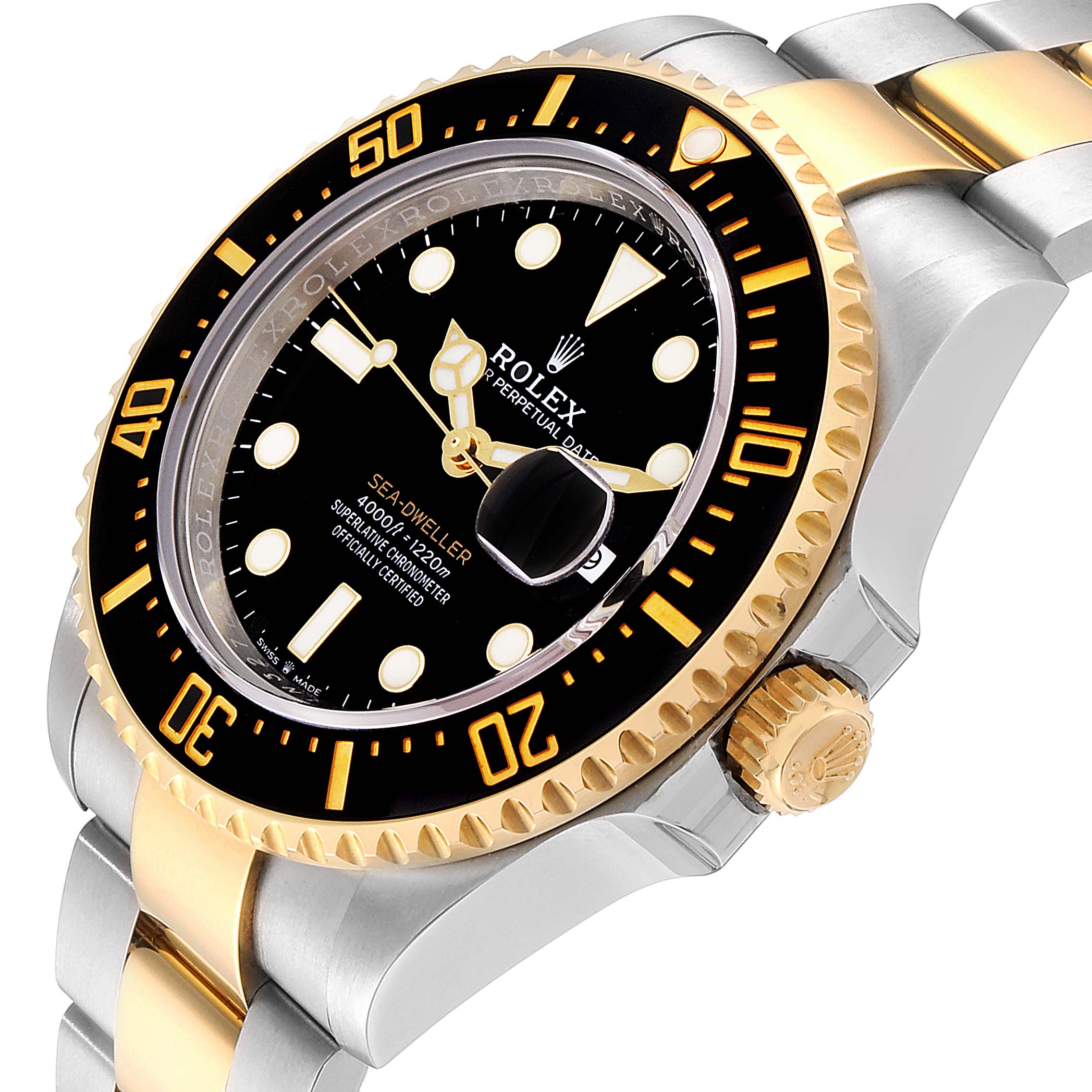 The image shows a Rolex Sea-Dweller 126603 Men
s Steel and Gold (two tone) Black Dial 126603 Men
s Steel and Gold (two tone) Black Dial watch at an angle, highlighting the bezel, dial, crown, and part of the bracelet.