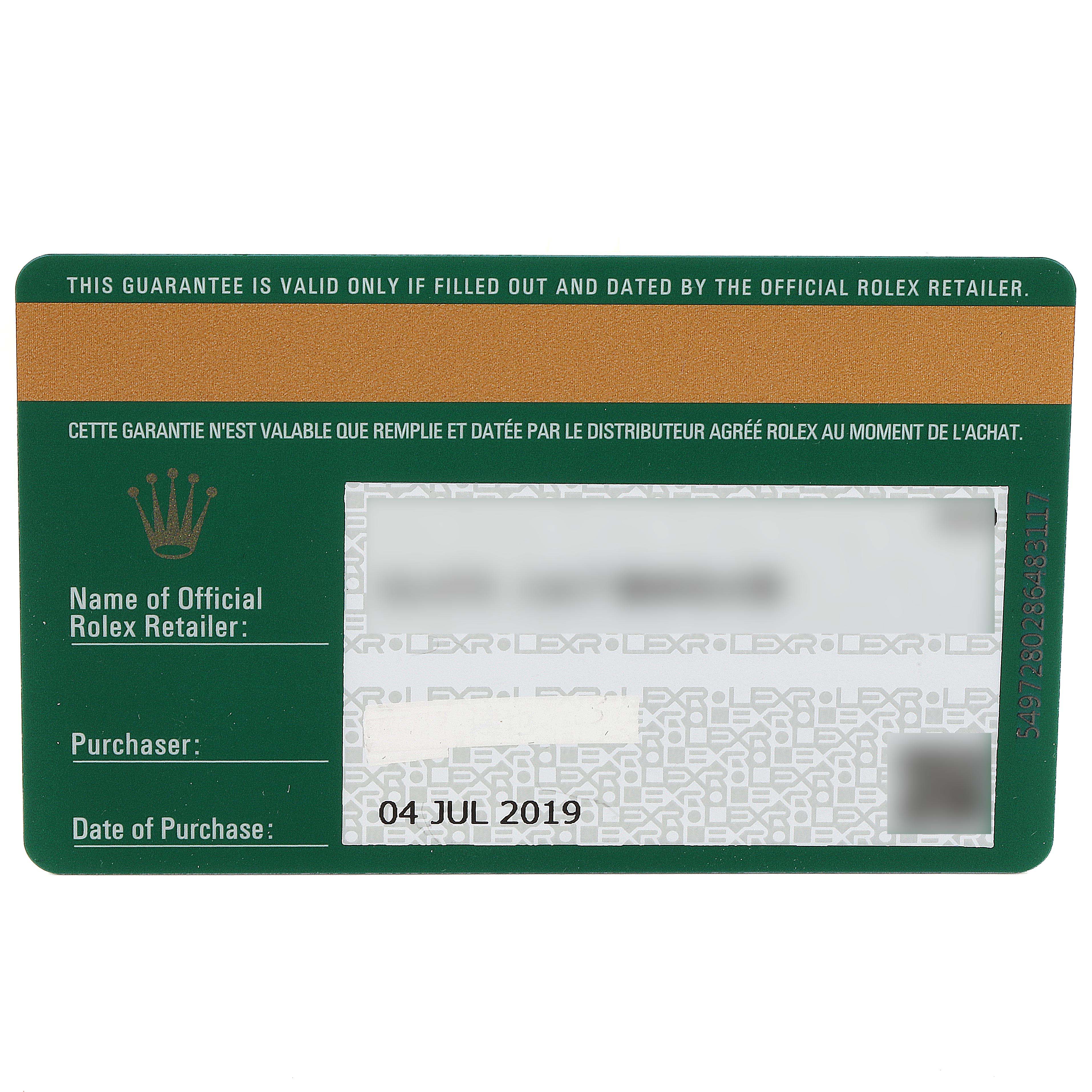 This image shows the warranty card for a Rolex Sea-Dweller 126603 Men
s Steel and Gold (two tone) Black Dial 126603 Men
s Steel and Gold (two tone) Black Dial model, featuring purchase details and retailer information.