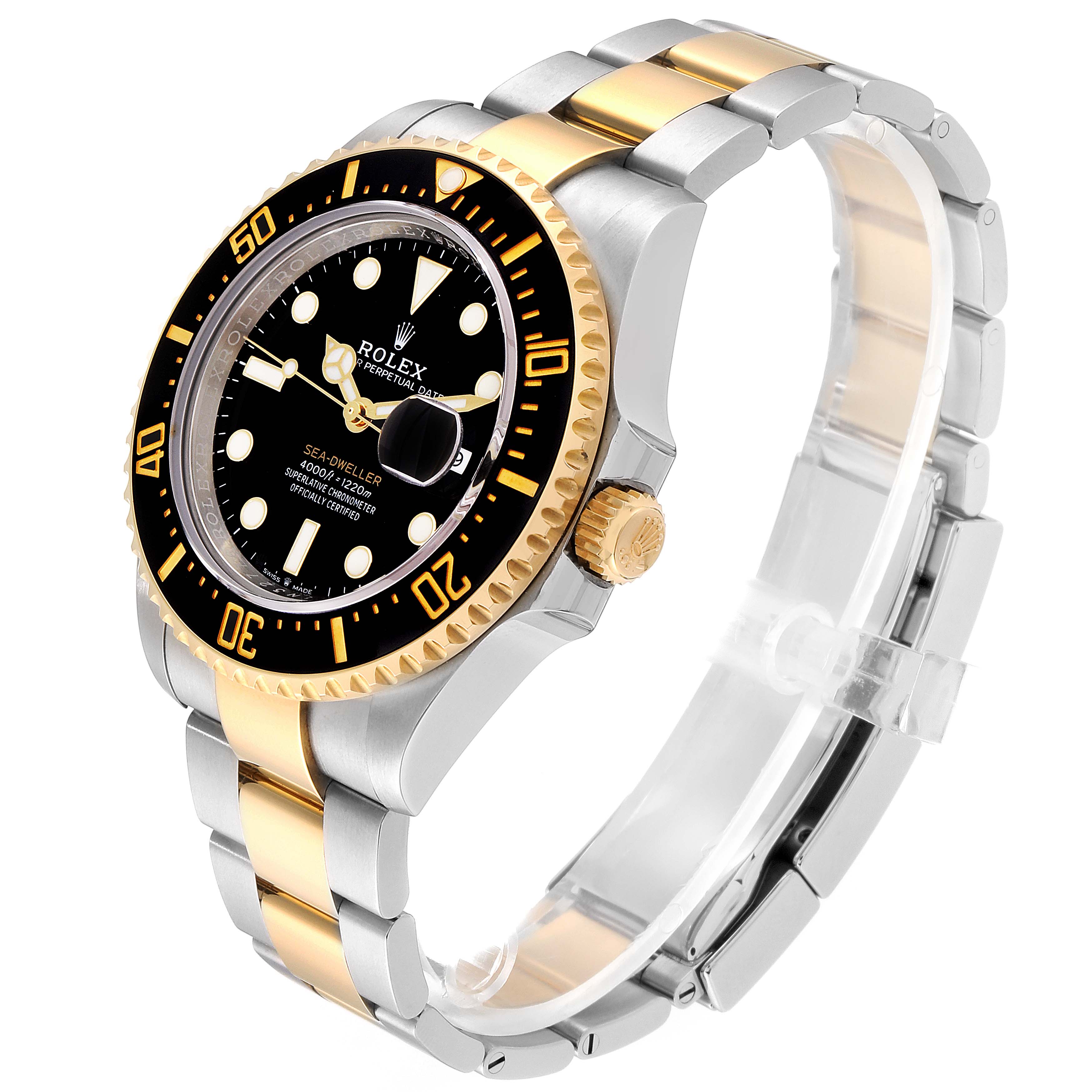 The image shows a Rolex Sea-Dweller 126603 Men
s Steel and Gold (two tone) Black Dial 126603 Men
s Steel and Gold (two tone) Black Dial watch from an angled side view, highlighting its bezel, dial, case, crown, and bracelet.