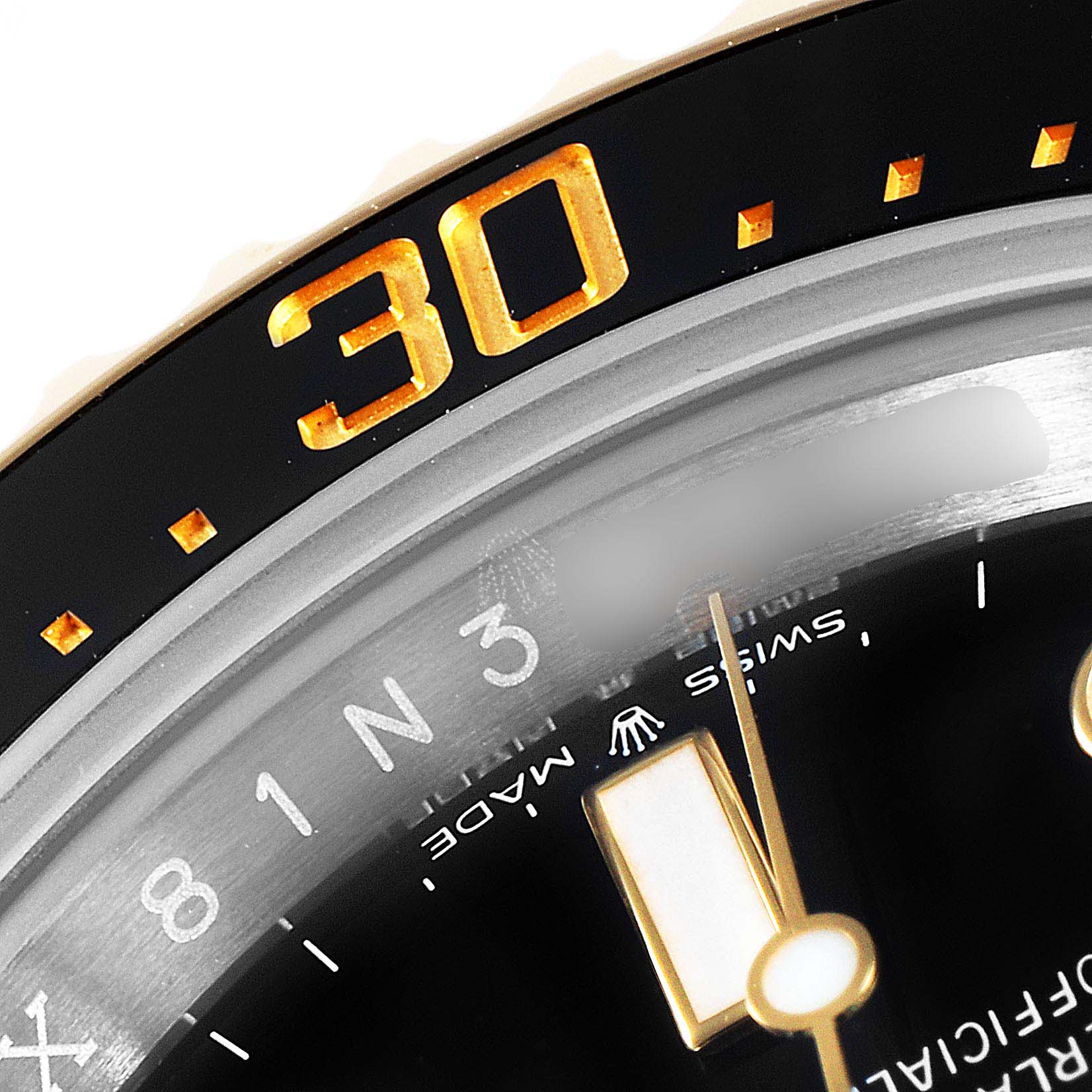 The image shows a close-up of the bezel, dial, and part of the hand of a Rolex Sea-Dweller 126603 Men
s Steel and Gold (two tone) Black Dial 126603 Men
s Steel and Gold (two tone) Black Dial watch.
