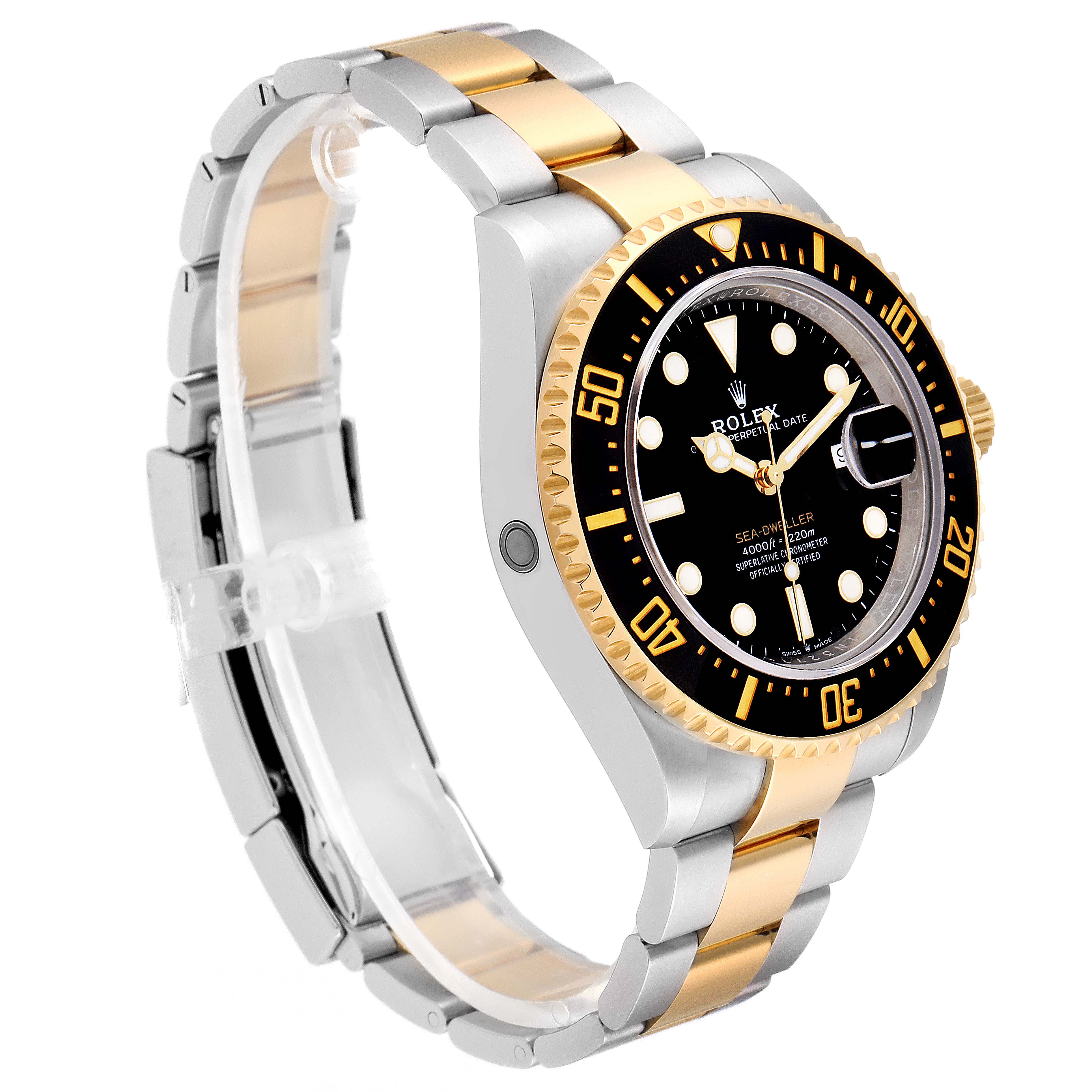 The image shows a Rolex Sea-Dweller 126603 Men
s Steel and Gold (two tone) Black Dial 126603 Men
s Steel and Gold (two tone) Black Dial watch from a side angle, featuring its band and face.