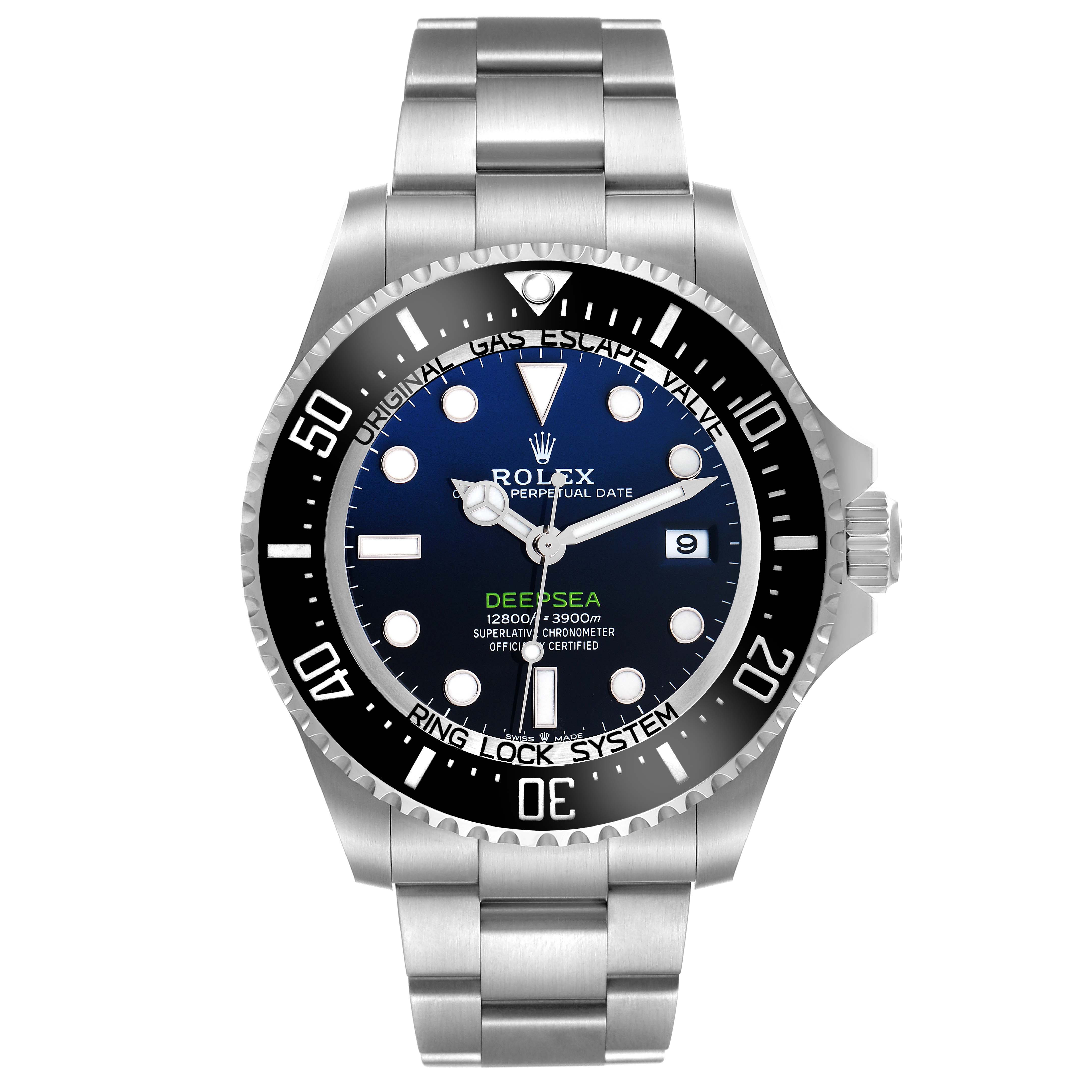 The Rolex Sea-Dweller 136660 Men
s Stainless Steel Blue Dial is shown from a front angle, highlighting the dial, bezel, and bracelet.