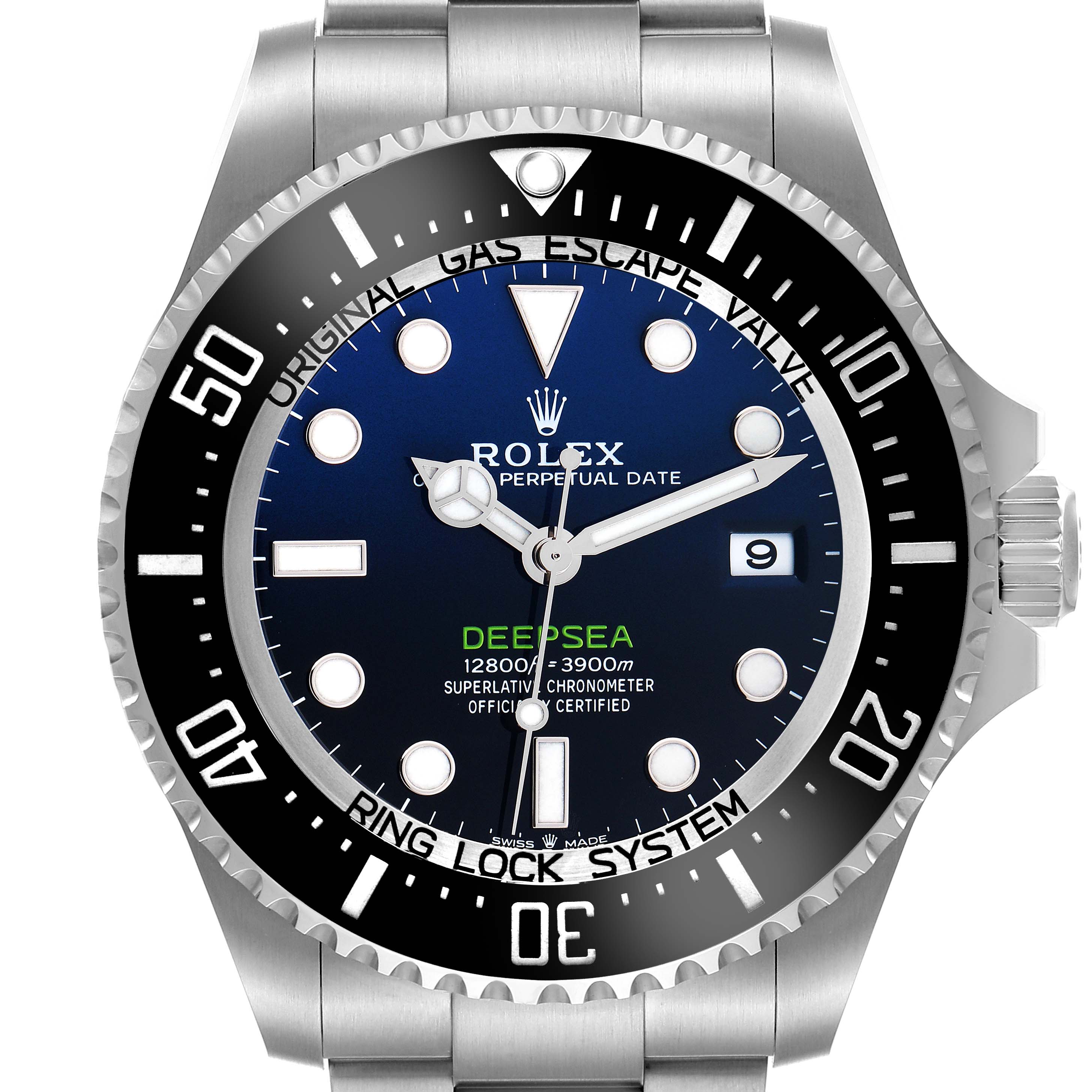 The Rolex Sea-Dweller 136660 Men
s Stainless Steel Blue Dial is shown from the front, highlighting its dial, bezel, markers, and crown.