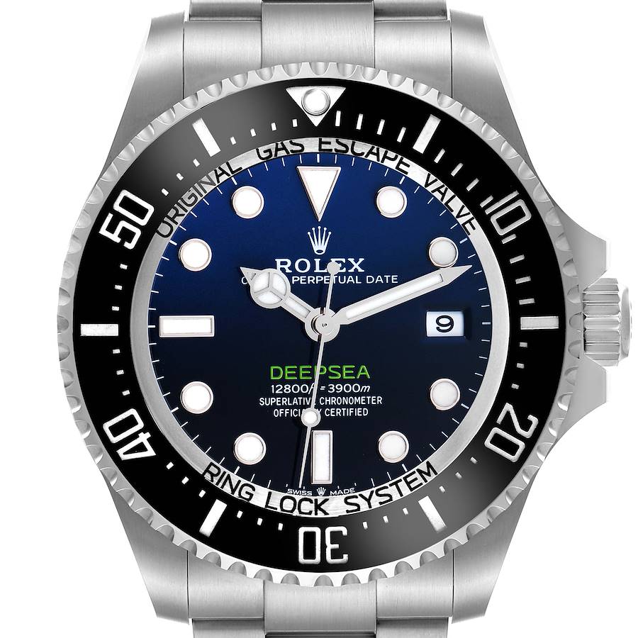 The Rolex Sea-Dweller 136660 Men's Stainless Steel Blue Dial is shown from the front, highlighting its dial, bezel, markers, and crown.