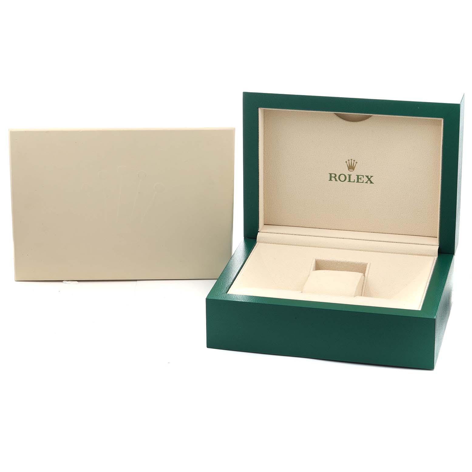 The image shows an open Rolex watch box for the Sea-Dweller model, with a beige sleeve beside it.