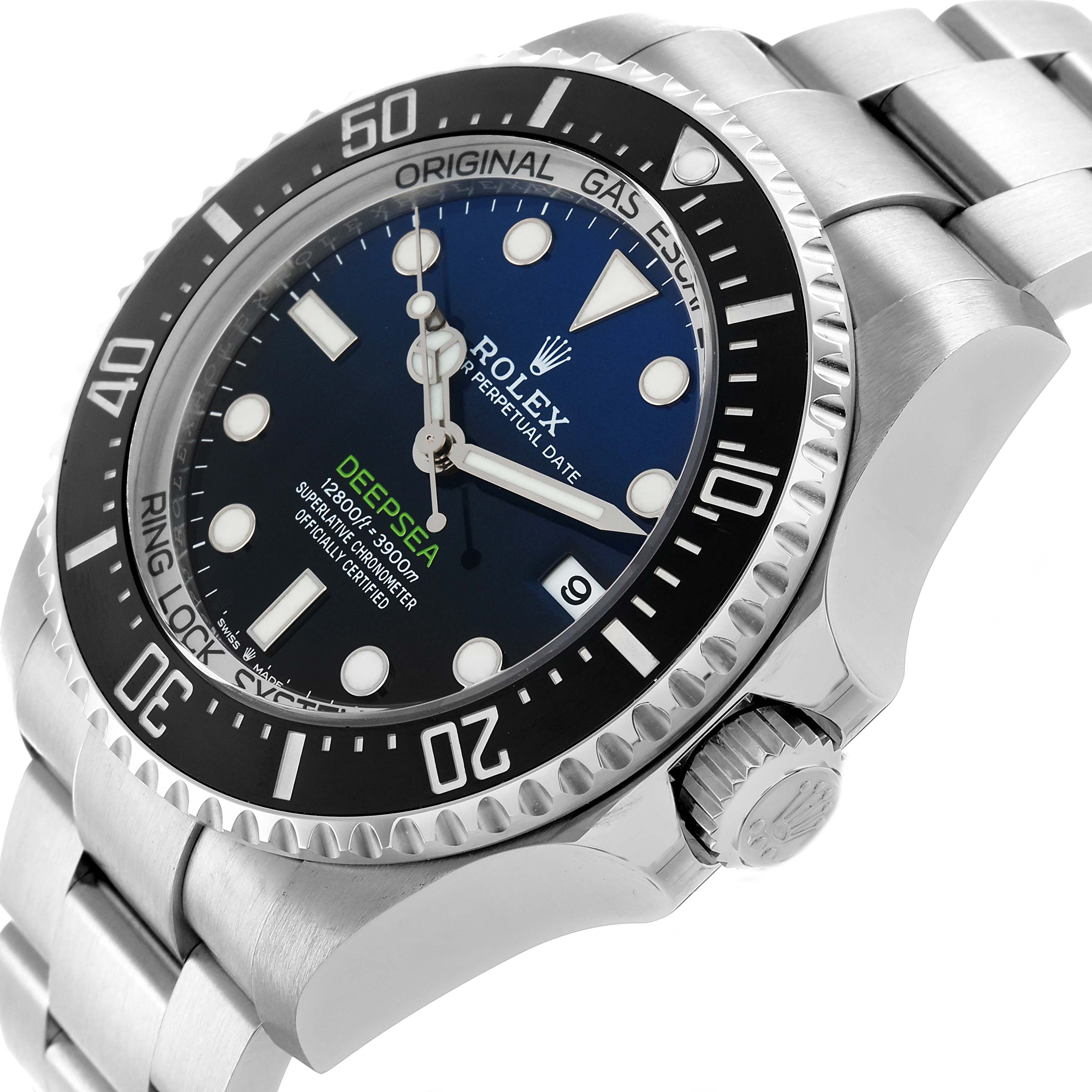 The Rolex Sea-Dweller 136660 Men
s Stainless Steel Blue Dial watch is shown at an angle highlighting the face, bezel, and crown.