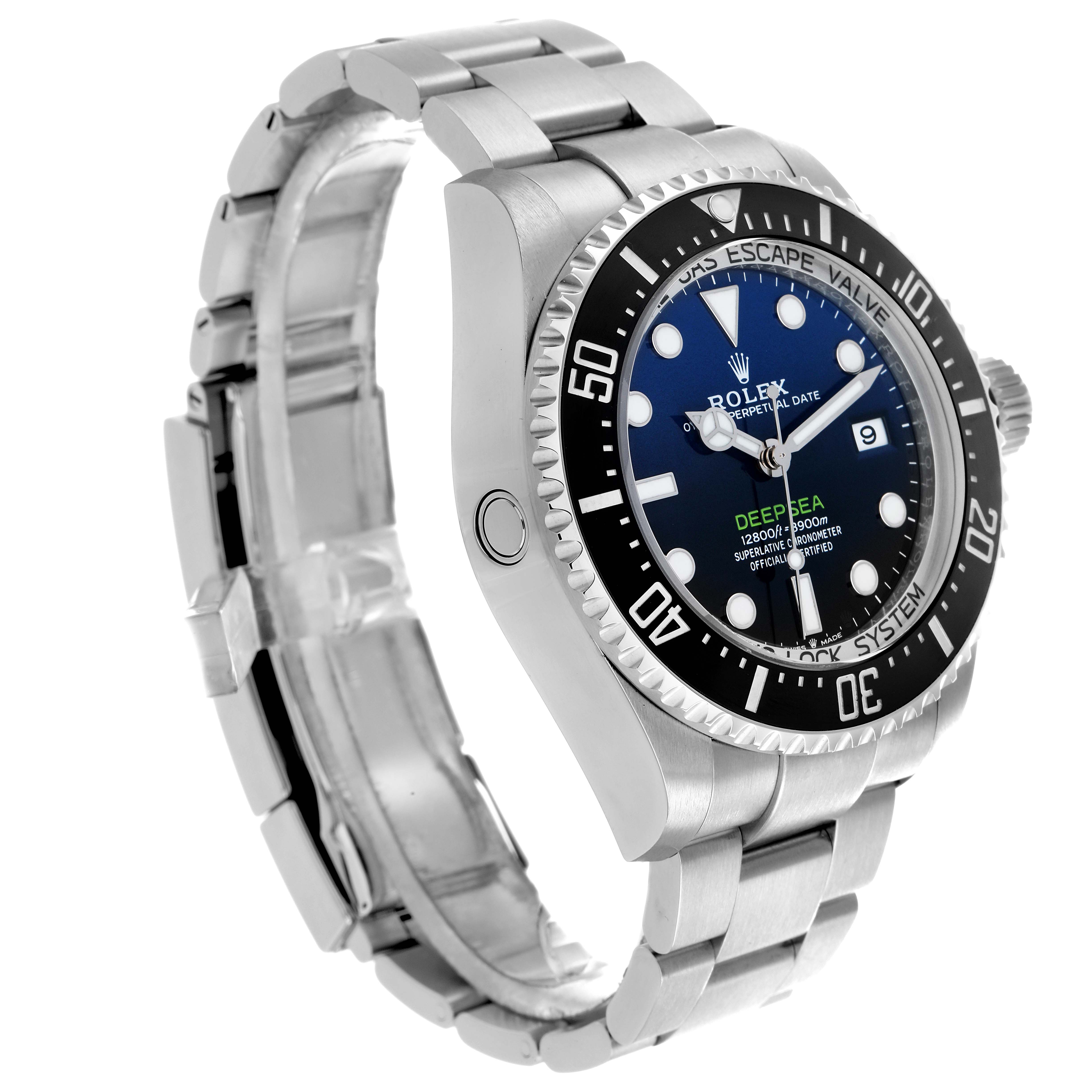 The Rolex Sea-Dweller 136660 Men
s Stainless Steel Blue Dial is shown at an angled side view highlighting the watch face, bezel, bracelet, and helium escape valve.