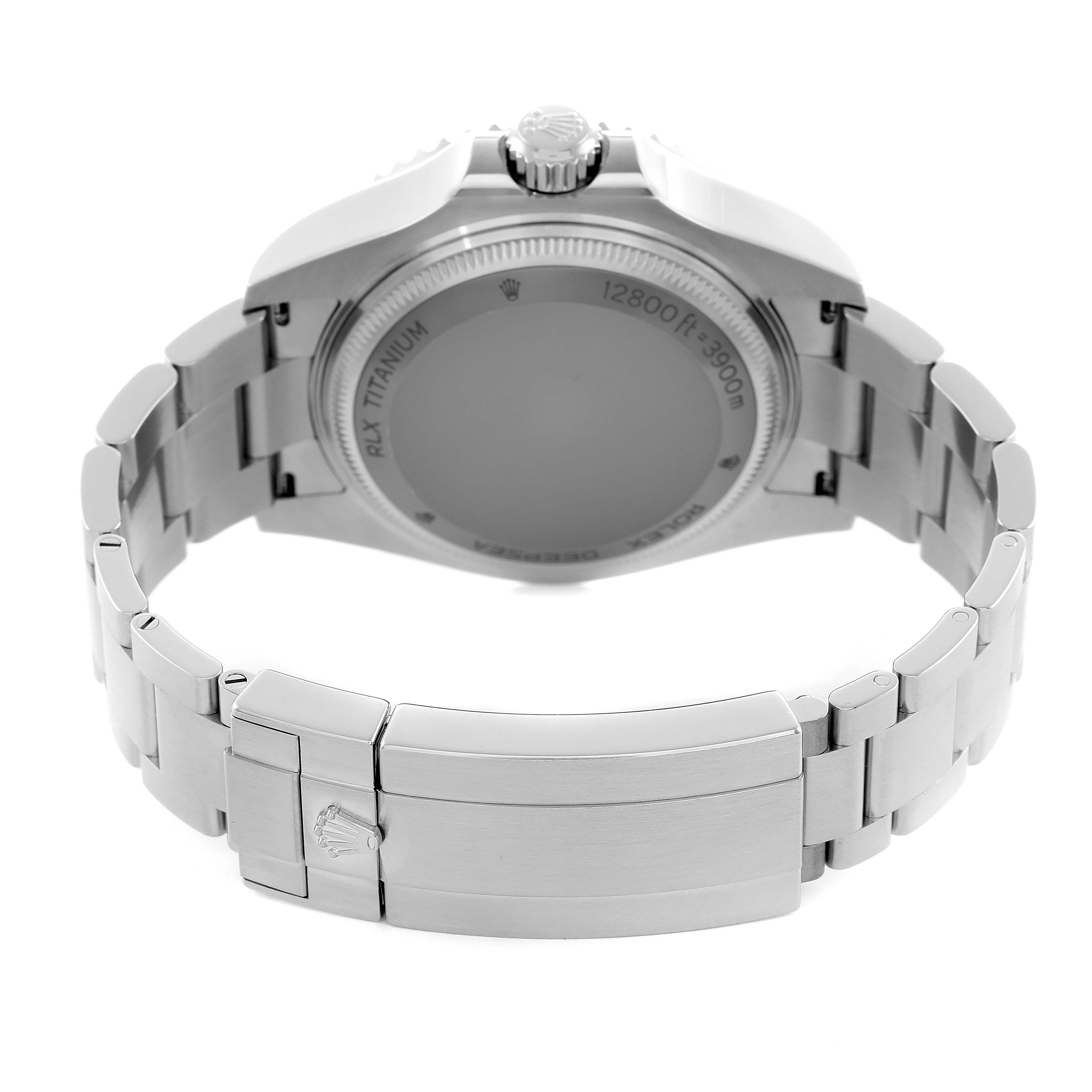 The Rolex Sea-Dweller 136660 Men
s Stainless Steel Blue Dial watch is shown from the back, highlighting the clasp, bracelet, case back, and crown.