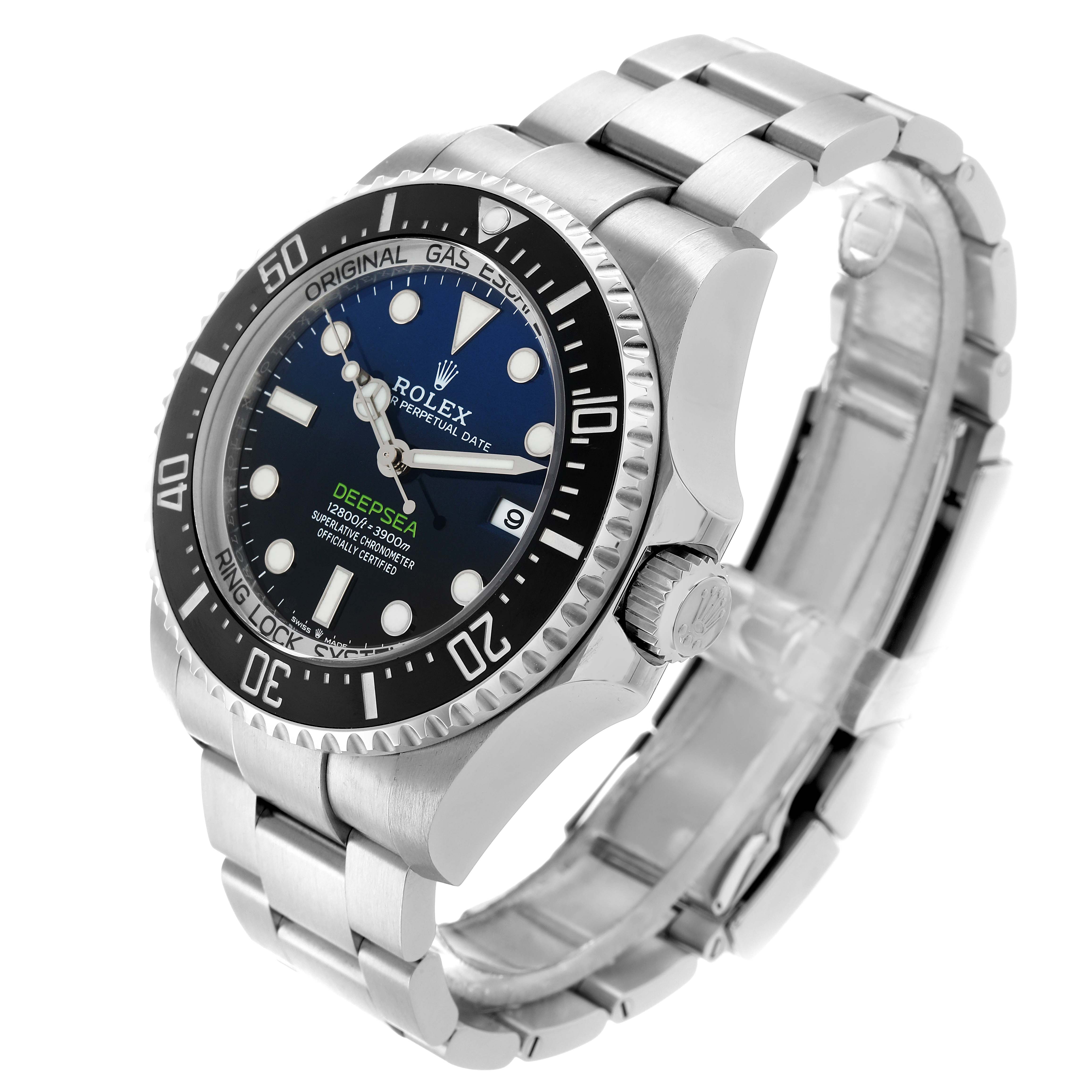 The Rolex Sea-Dweller 136660 Men
s Stainless Steel Blue Dial watch is shown at a three-quarter angle, highlighting the face, bezel, and part of the bracelet.