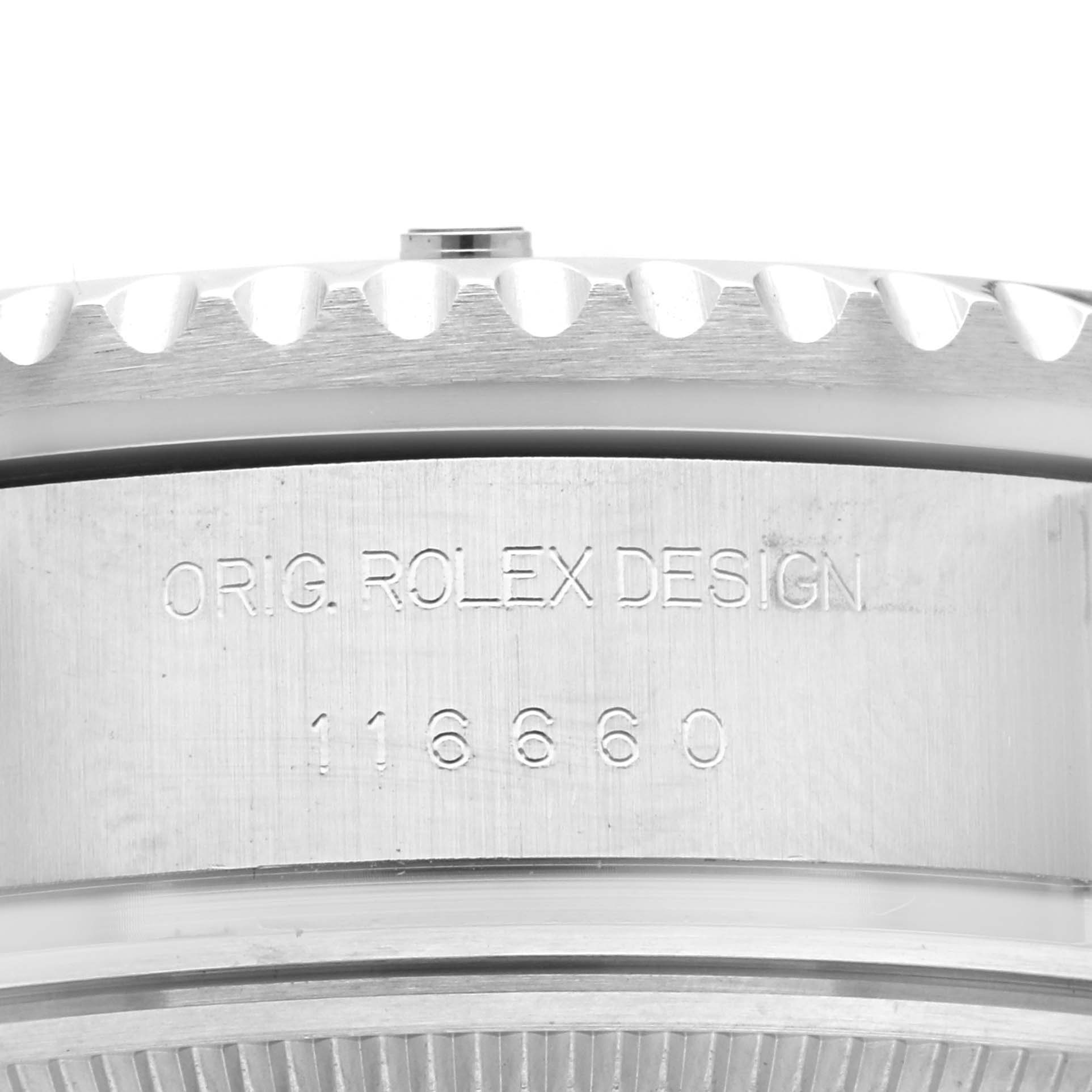 This image shows a macro close-up of the engraved case and bezel teeth of a Rolex Sea-Dweller 116660 Men
s Stainless Steel Black Dial 116660 Men
s Stainless Steel Black Dial watch.