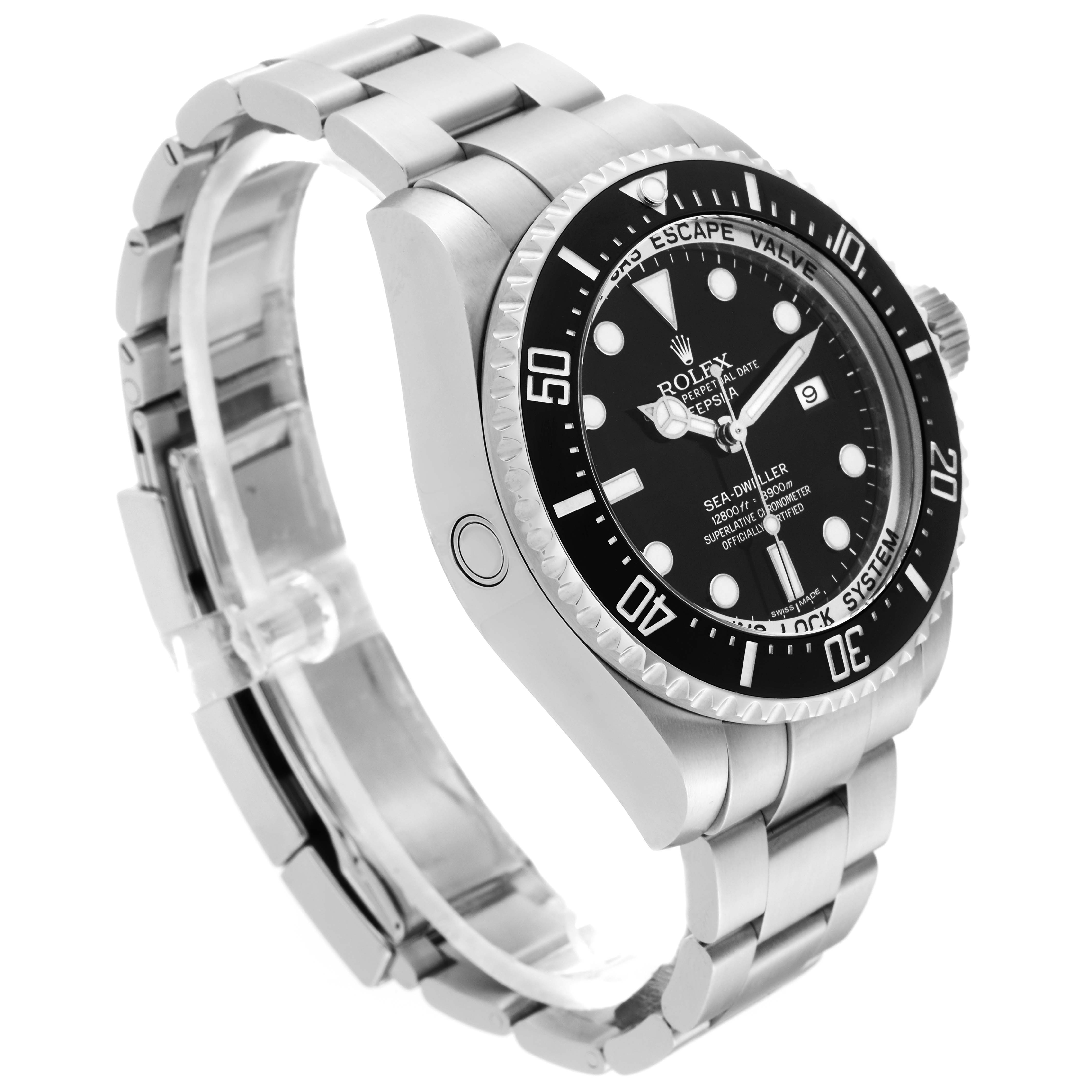 This image shows a Rolex Sea-Dweller 116660 Men
s Stainless Steel Black Dial 116660 Men
s Stainless Steel Black Dial watch at a three-quarter angle, highlighting the bracelet, bezel, and face details.