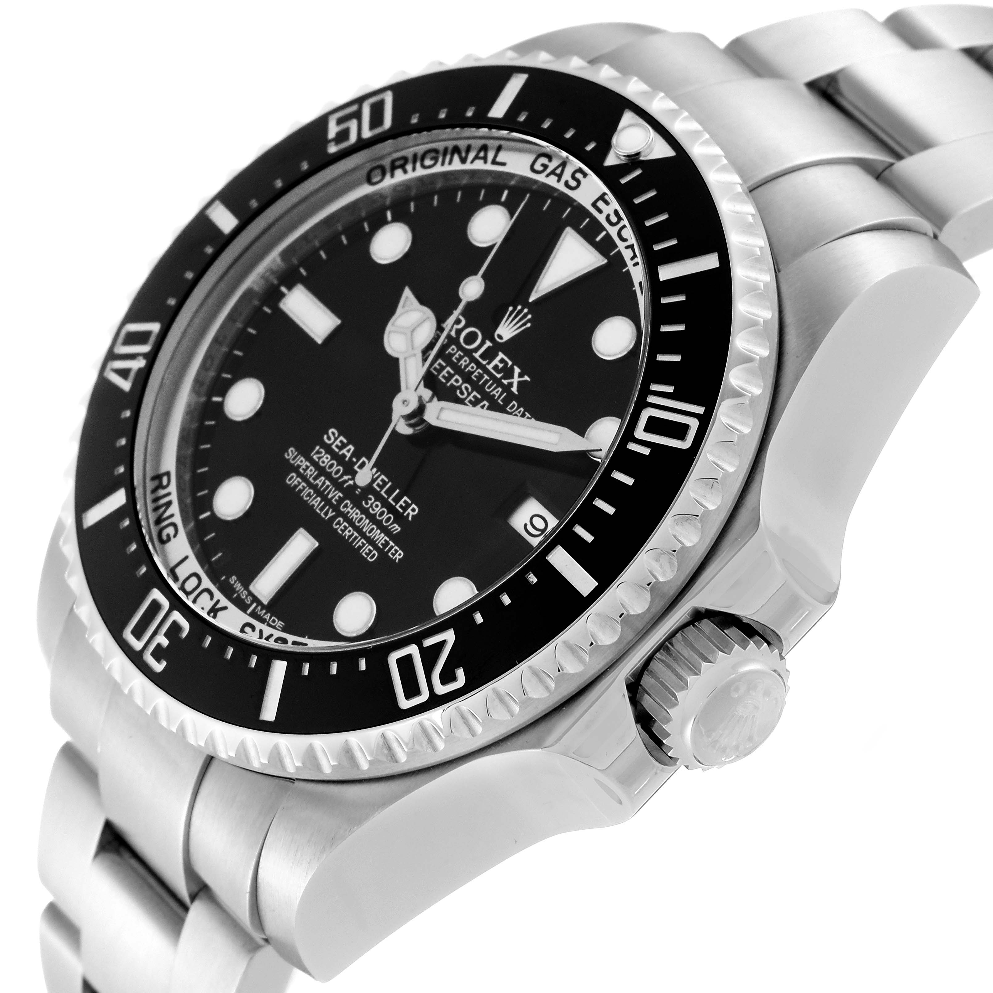The image shows a close-up side angle of the Rolex Sea-Dweller 116660 Men
s Stainless Steel Black Dial 116660 Men
s Stainless Steel Black Dial, highlighting the dial, bezel, crown, and part of the bracelet.