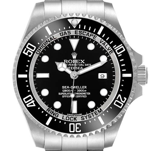 This image shows the Rolex Sea-Dweller watch from a front angle, highlighting the dial, bezel, and bracelet.