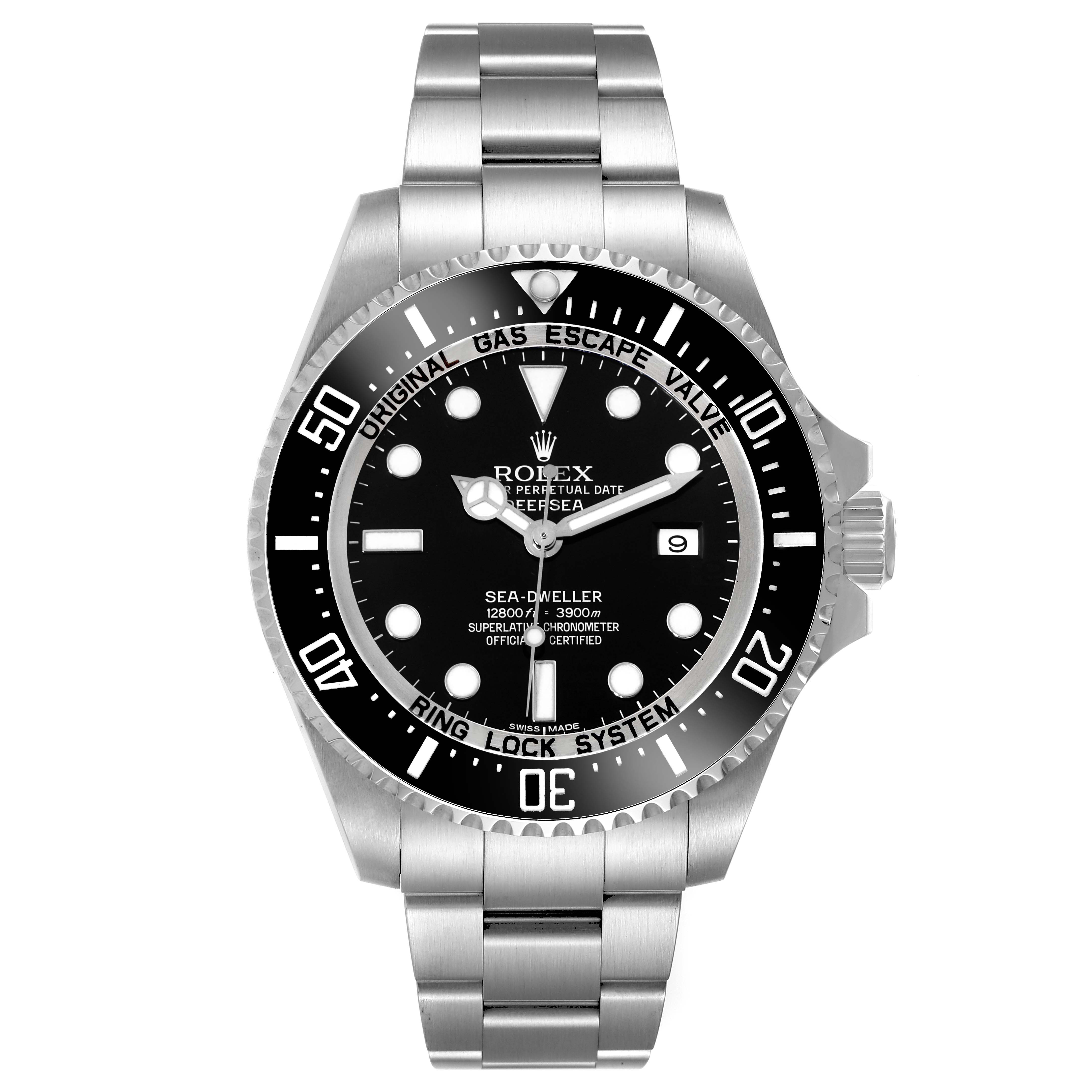The image shows a frontal view of a Rolex Sea-Dweller 116660 Men
s Stainless Steel Black Dial 116660 Men
s Stainless Steel Black Dial watch, displaying the dial, bezel, crown, and bracelet.