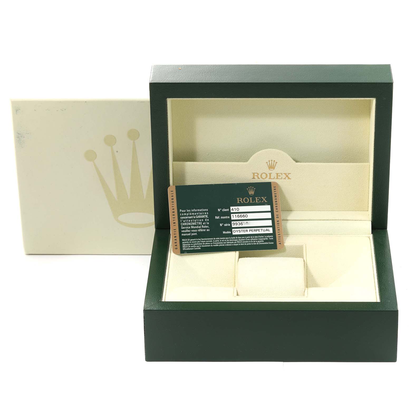 The image shows a Rolex Sea-Dweller 116660 Men
s Stainless Steel Black Dial 116660 Men
s Stainless Steel Black Dial watch box, warranty card, and cardholder at a frontal angle.