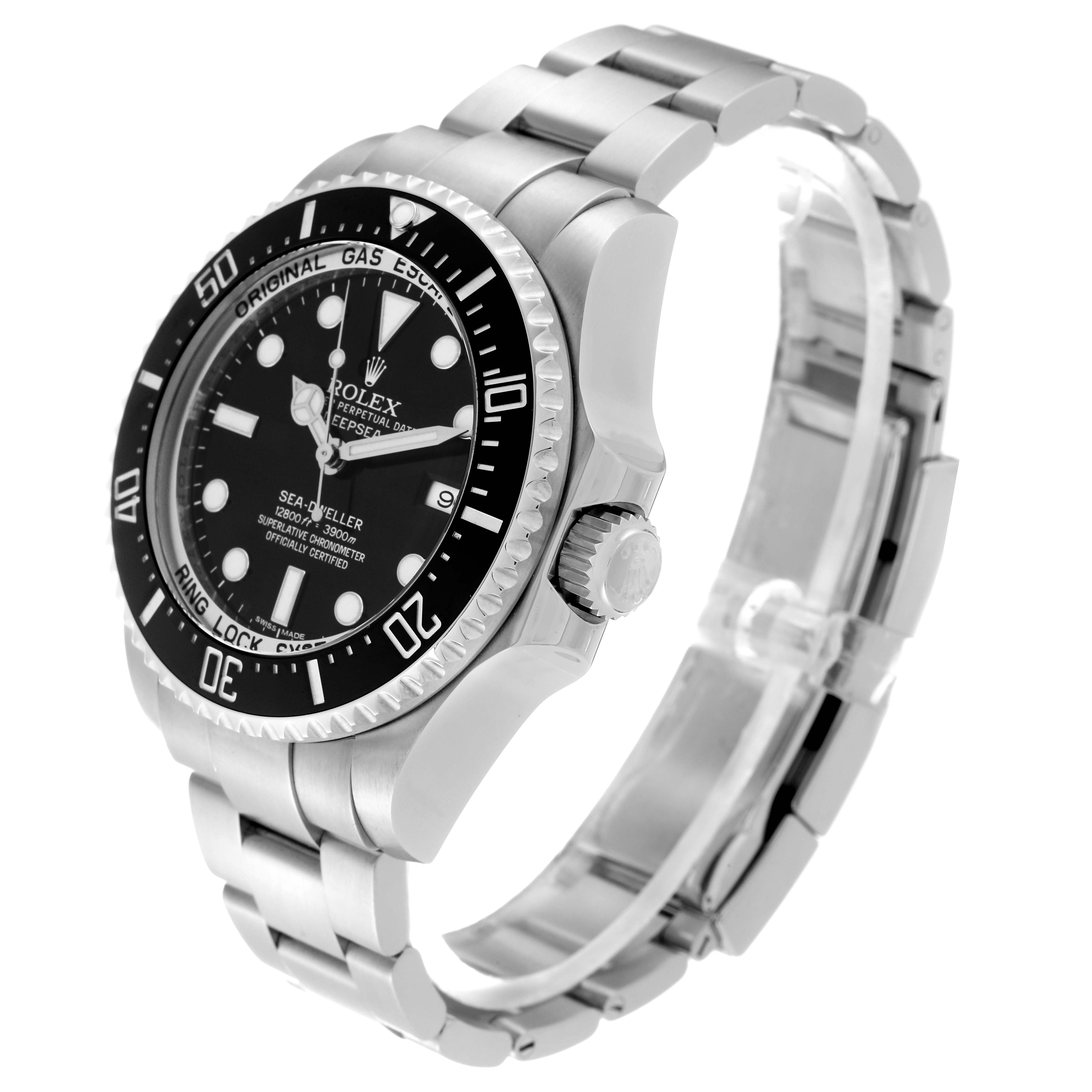 The image shows a side-angle view of a Rolex Sea-Dweller 116660 Men
s Stainless Steel Black Dial 116660 Men
s Stainless Steel Black Dial watch, including the face, bezel, crown, and part of the bracelet.
