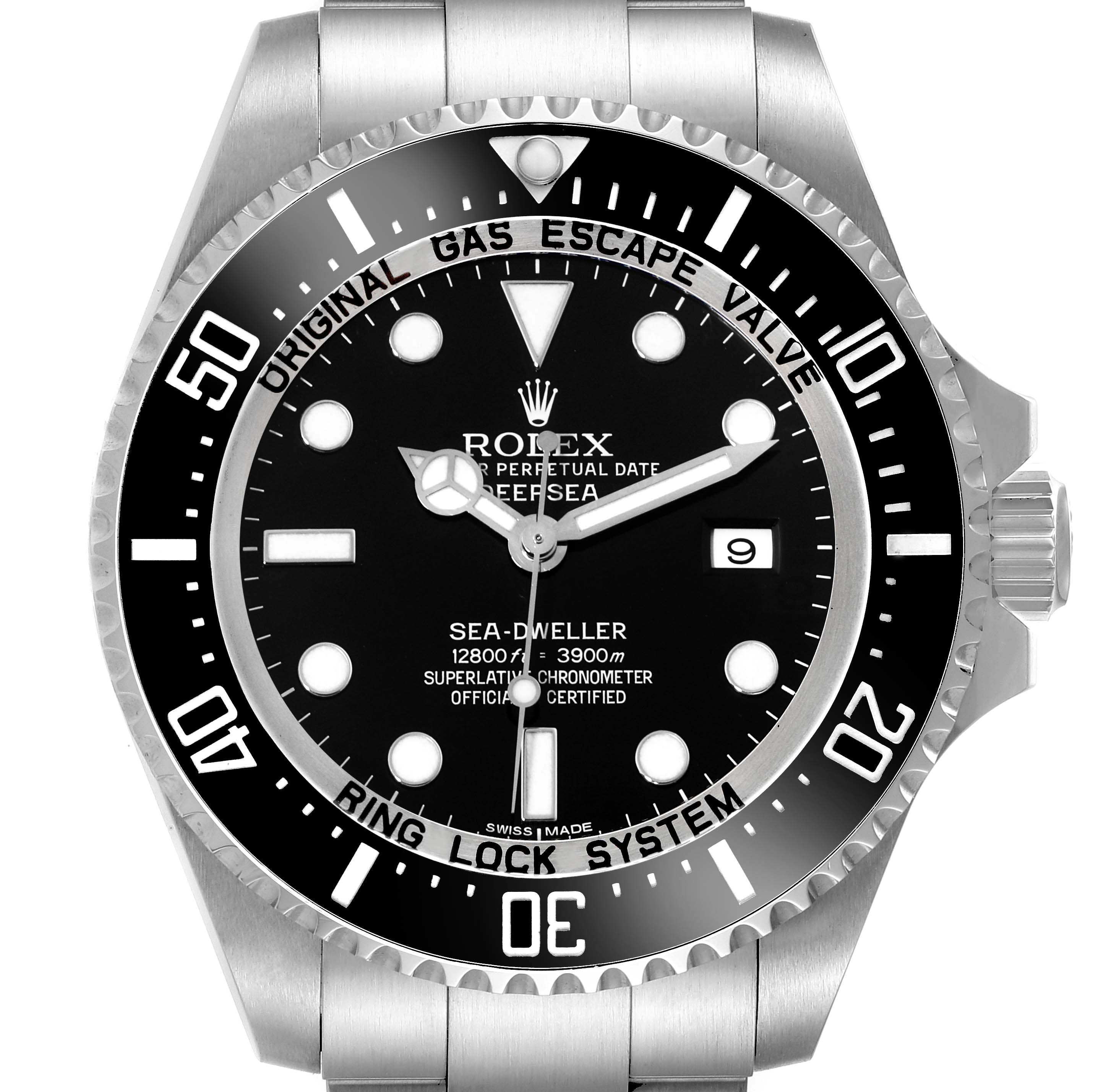 The image shows a front view of a Rolex Sea-Dweller 116660 Men
s Stainless Steel Black Dial 116660 Men
s Stainless Steel Black Dial watch, highlighting its dial, bezel, and part of its metal strap.
