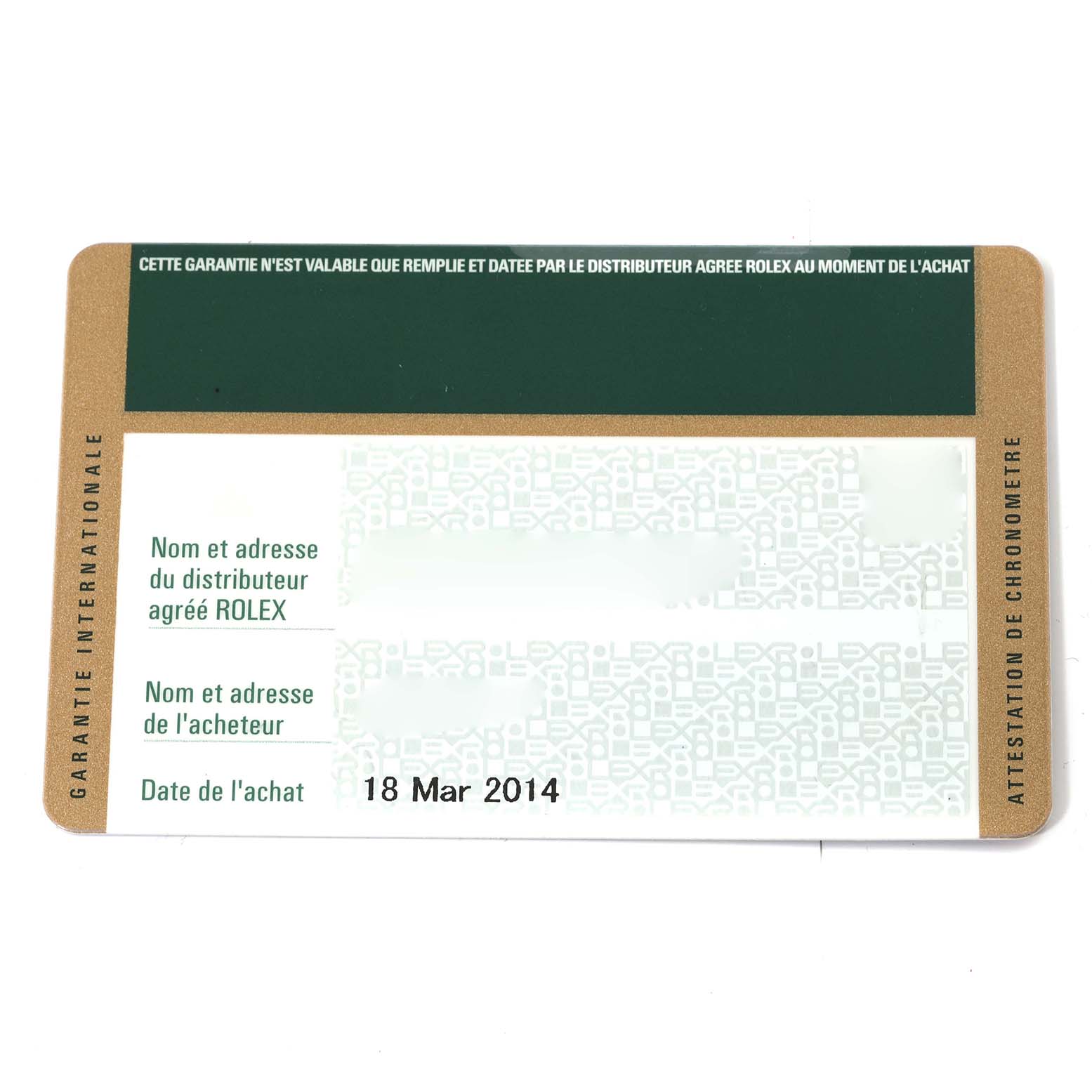 The image shows the warranty card for the Rolex Sea-Dweller 116660 Men
s Stainless Steel Black Dial 116660 Men
s Stainless Steel Black Dial watch, dated March 18, 2014.