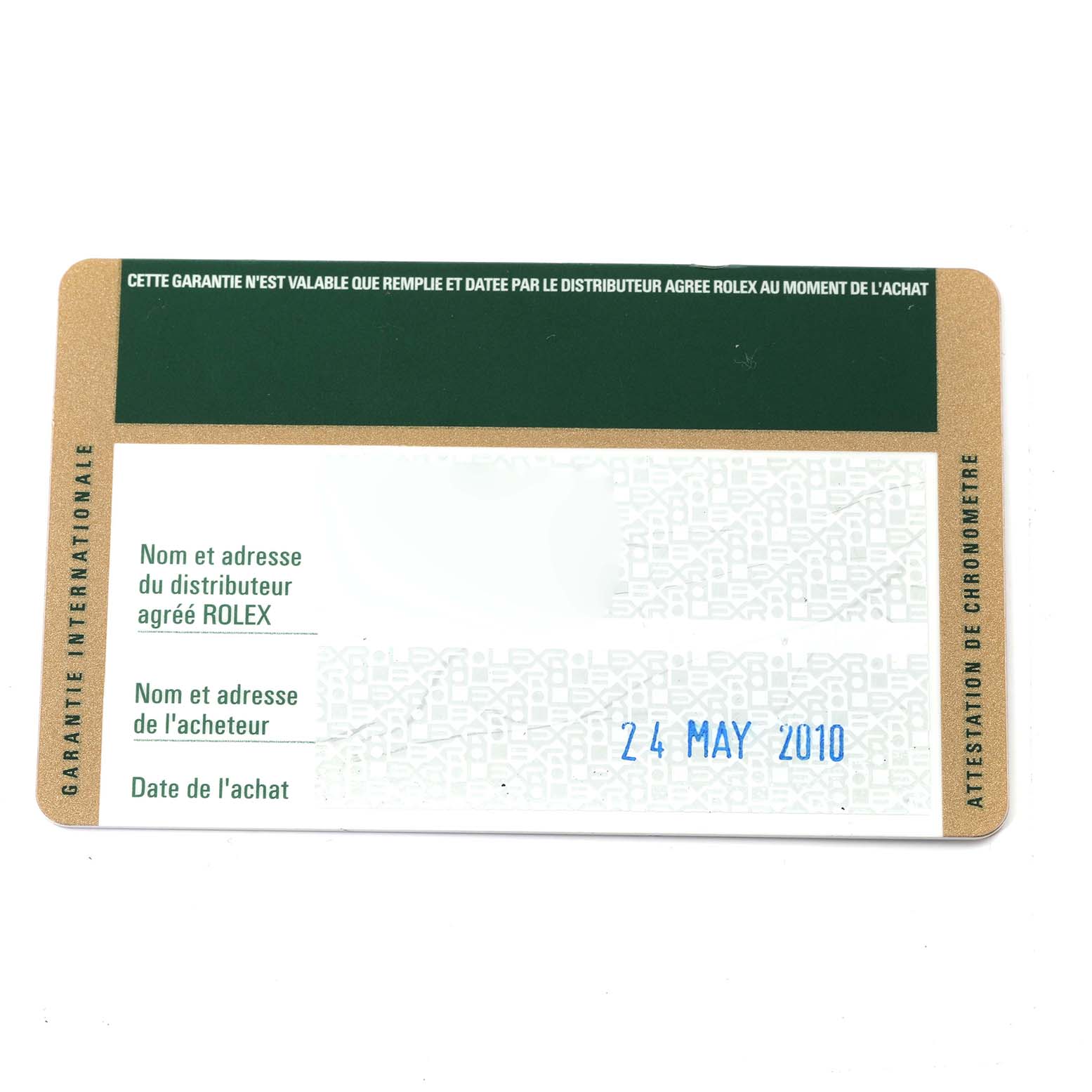 The image shows the warranty card for a Rolex Sea-Dweller 116660 Men
s Stainless Steel Black Dial 116660 Men
s Stainless Steel Black Dial watch, with purchase information.