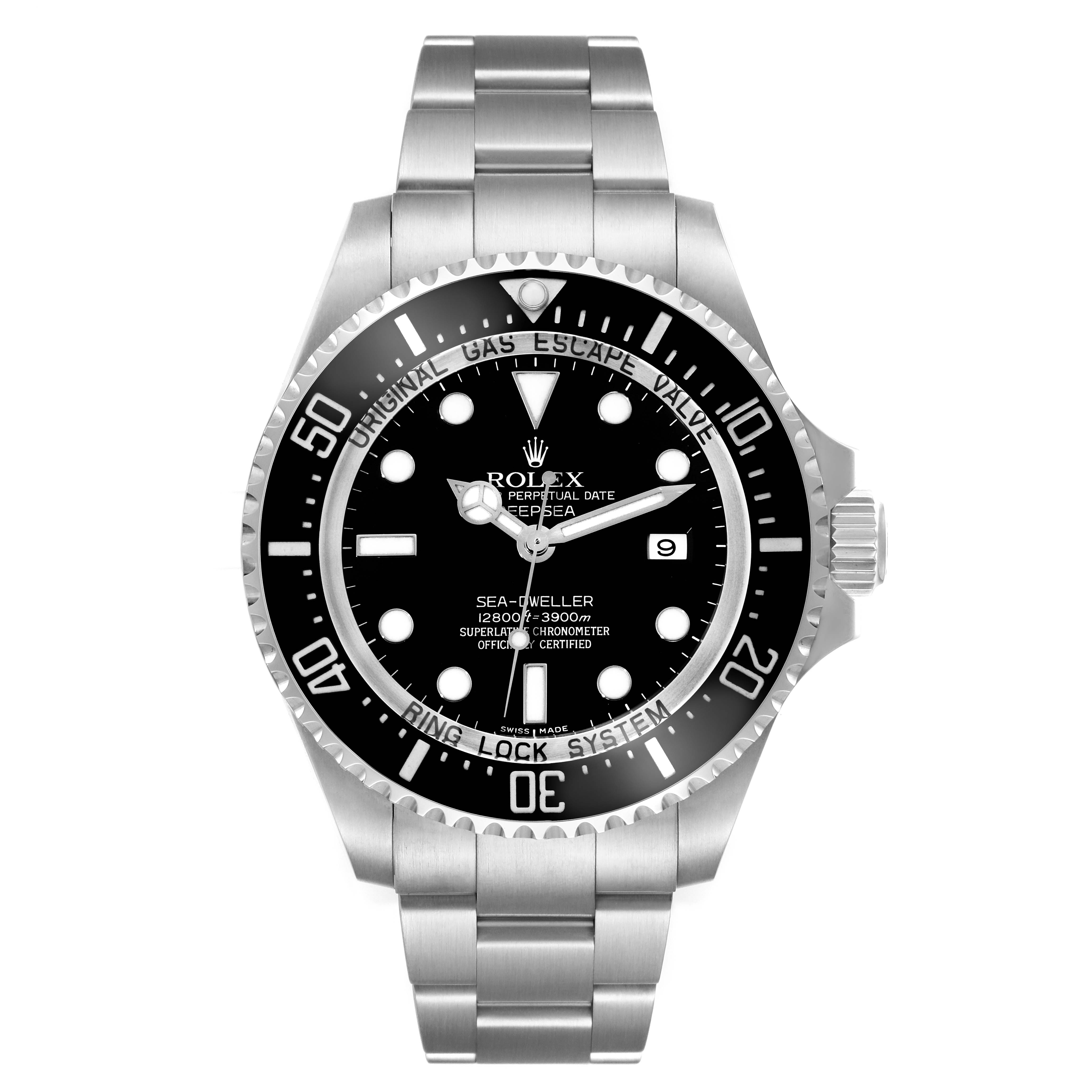 The image shows a front view of a Rolex Sea-Dweller 116660 Men
s Stainless Steel Black Dial 116660 Men
s Stainless Steel Black Dial watch, featuring its dial, bezel, hands, and bracelet.