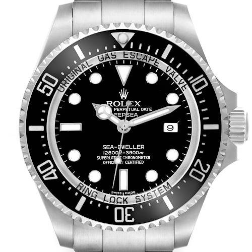 This image shows a front view of a Rolex Sea-Dweller watch, highlighting the bezel, dial, hands, and crown.