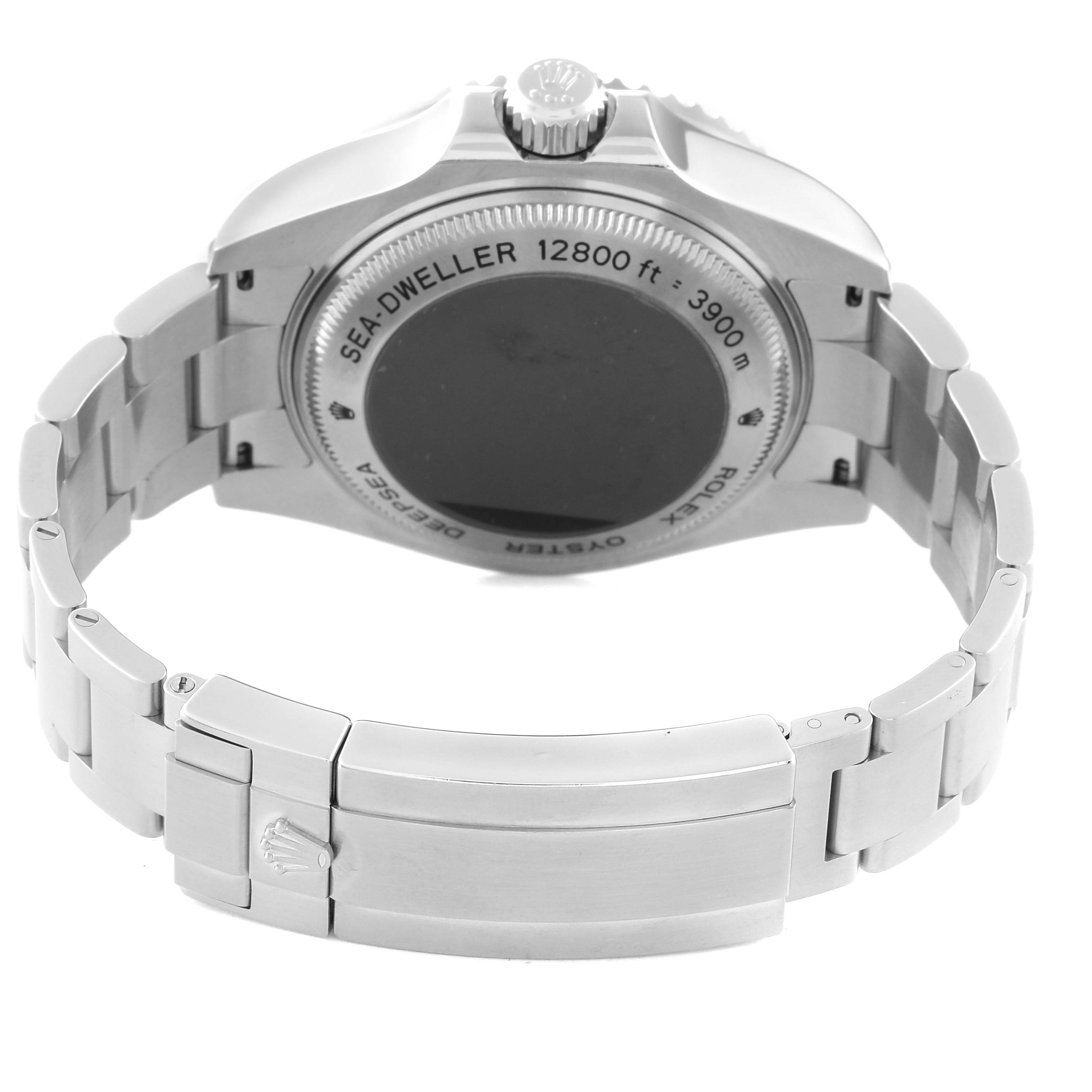 The image shows the back and clasp of a Rolex Sea-Dweller 116660 Men
s Stainless Steel Black Dial 116660 Men
s Stainless Steel Black Dial watch, viewed from the underside.