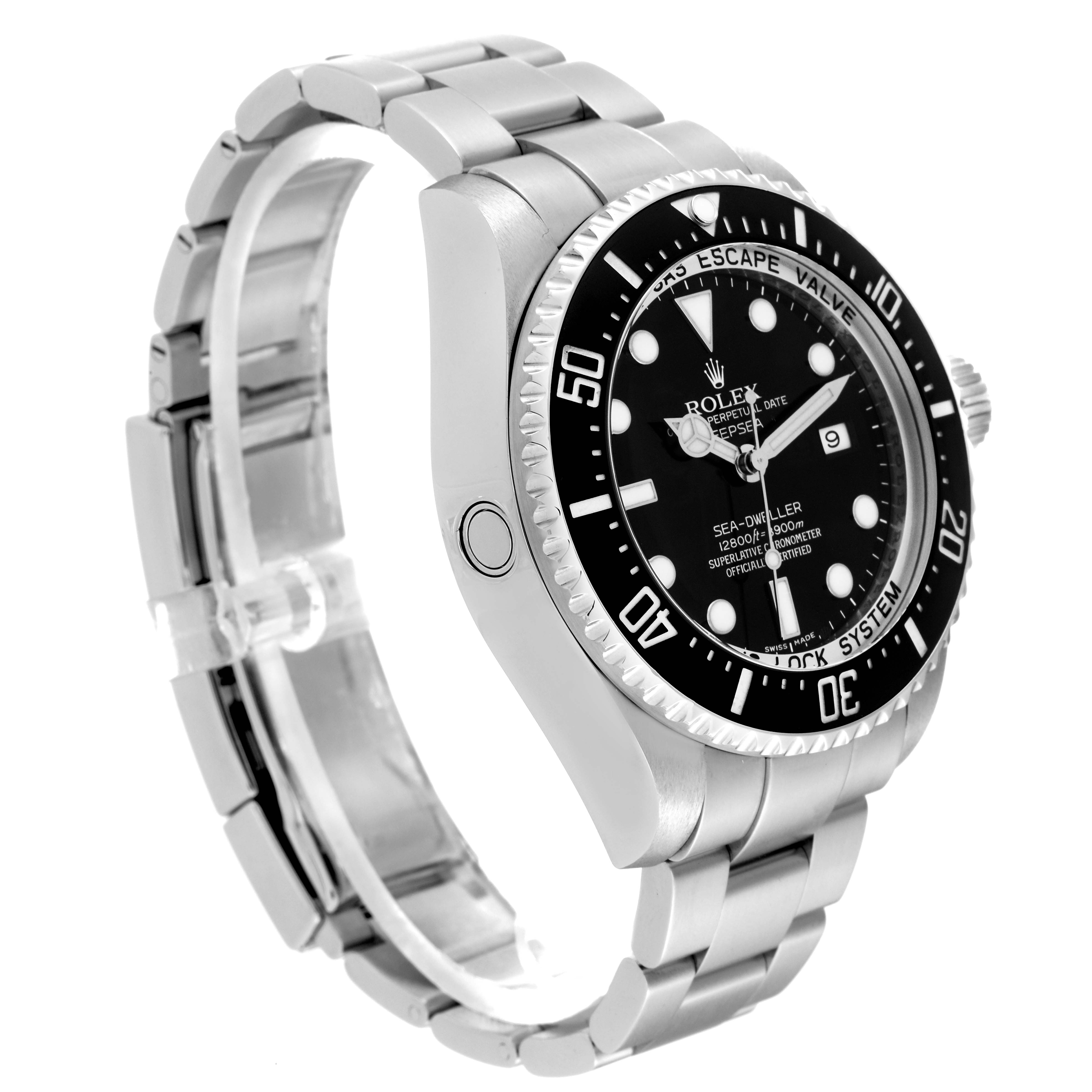 The image shows a side angle of a Rolex Sea-Dweller 116660 Men
s Stainless Steel Black Dial 116660 Men
s Stainless Steel Black Dial watch, detailing the bezel, dial, crown, and bracelet.