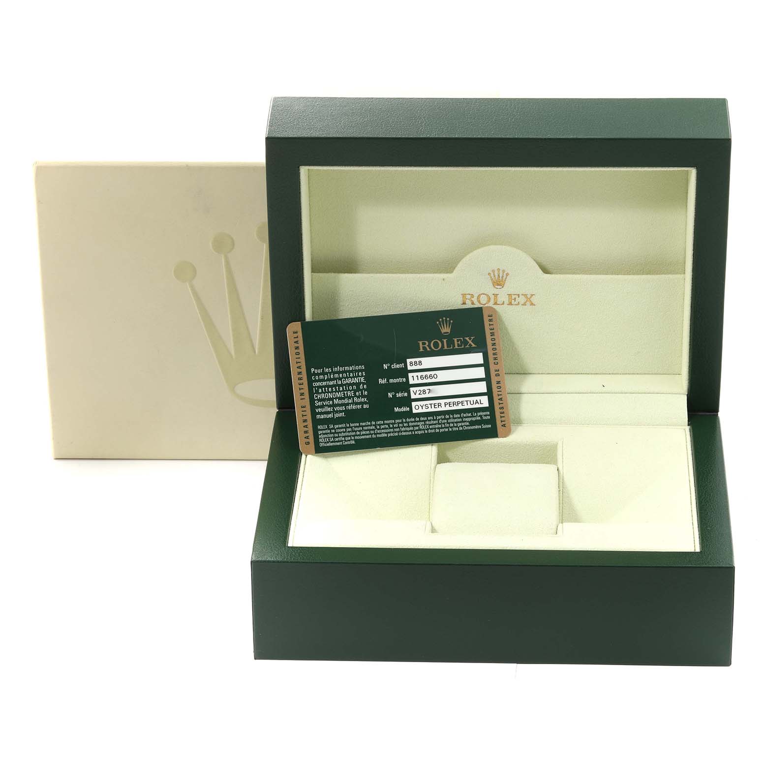 The image shows a green Rolex watch box for the Sea-Dweller model, along with a Rolex warranty card.