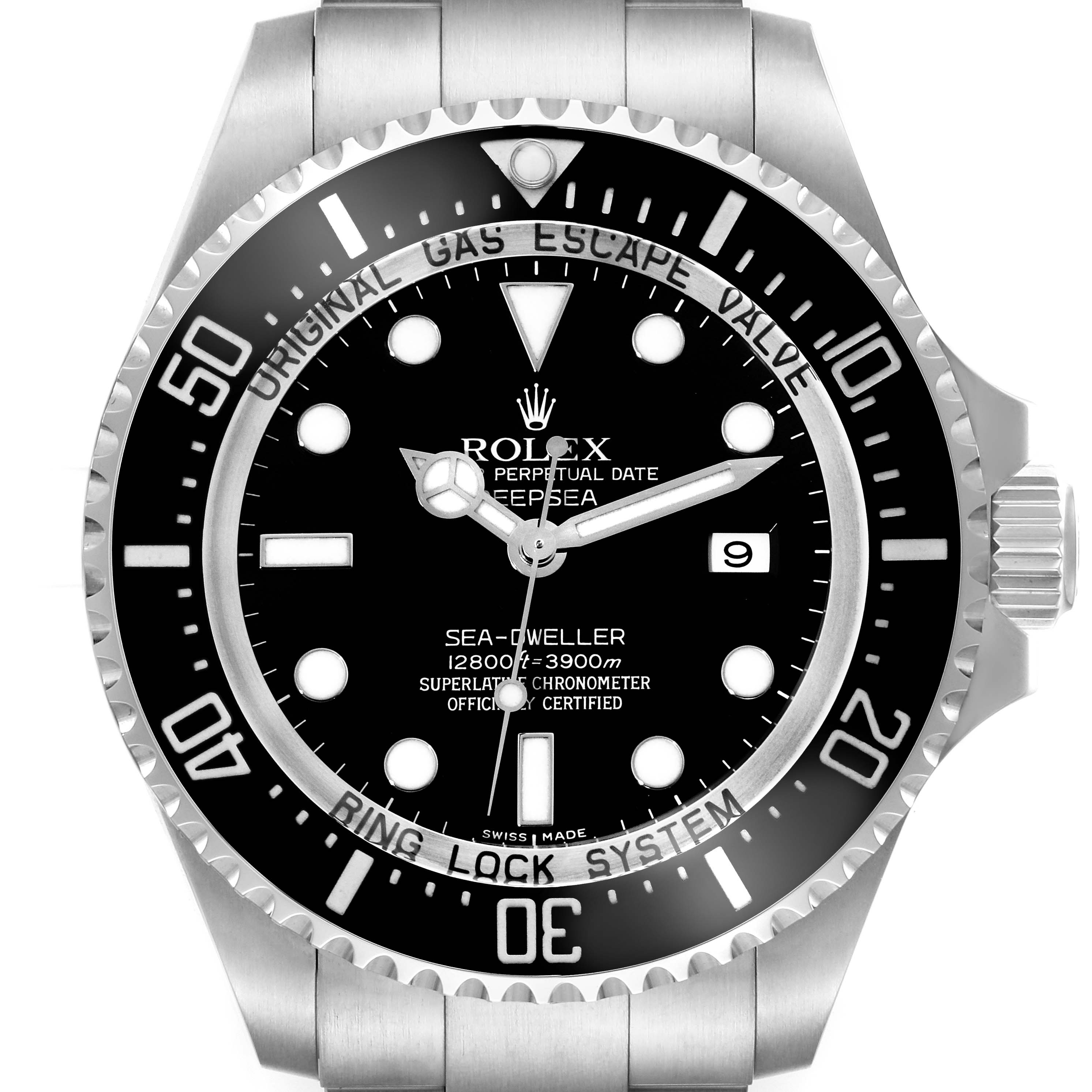 This image shows a front view of the Rolex Sea-Dweller 116660 Men
s Stainless Steel Black Dial 116660 Men
s Stainless Steel Black Dial watch, highlighting the dial, bezel, and bracelet.