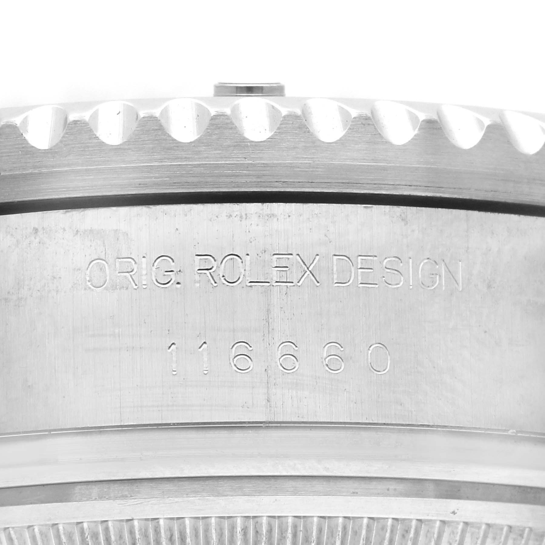 This close-up image shows the side view of a Rolex Sea-Dweller 116660 Men
s Stainless Steel Black Dial 116660 Men
s Stainless Steel Black Dial watch, focusing on the engraving and the model number 116660.