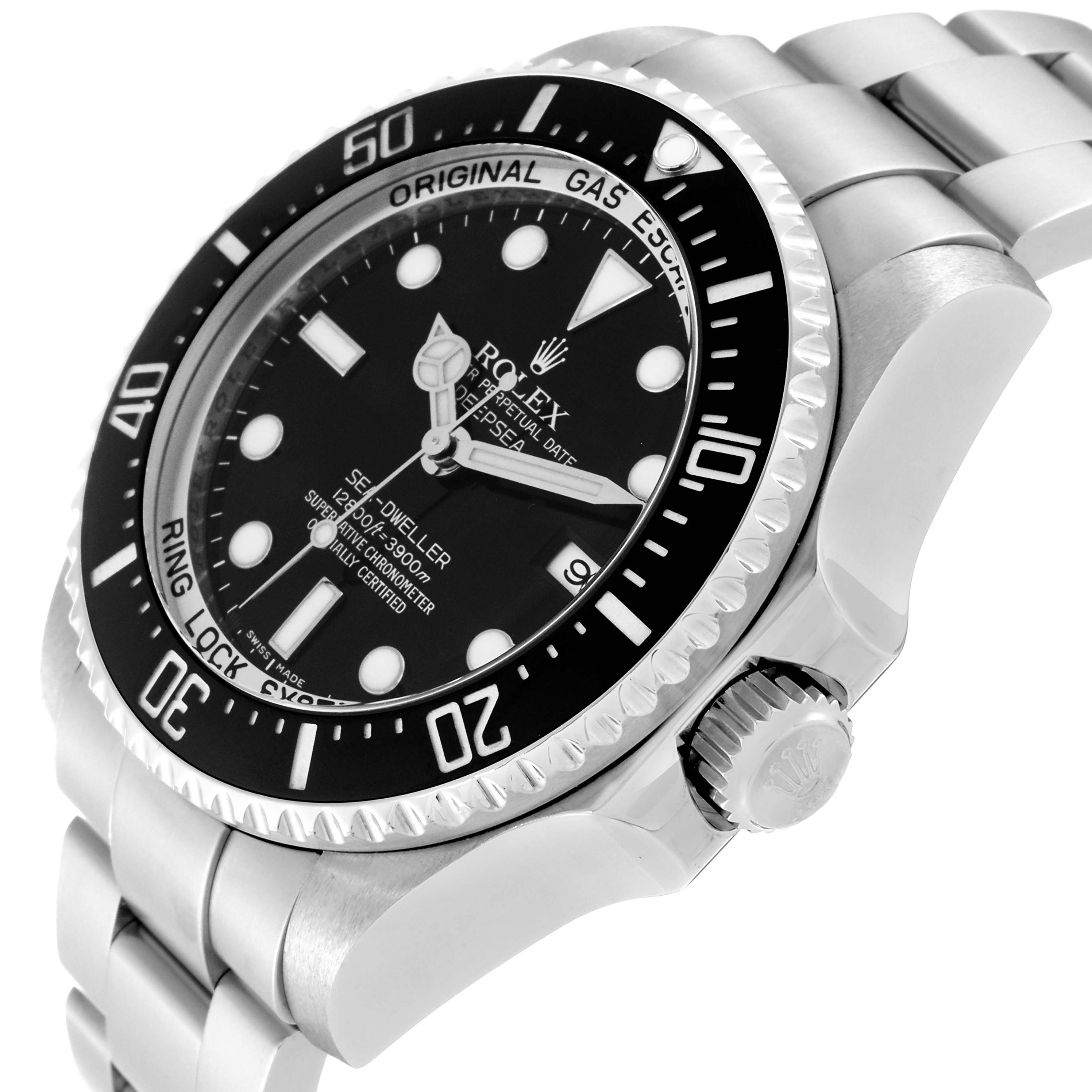 The image shows a close-up, angled view of the Rolex Sea-Dweller 116660 Men
s Stainless Steel Black Dial 116660 Men
s Stainless Steel Black Dial watch, highlighting its bezel, dial, crown, and bracelet.