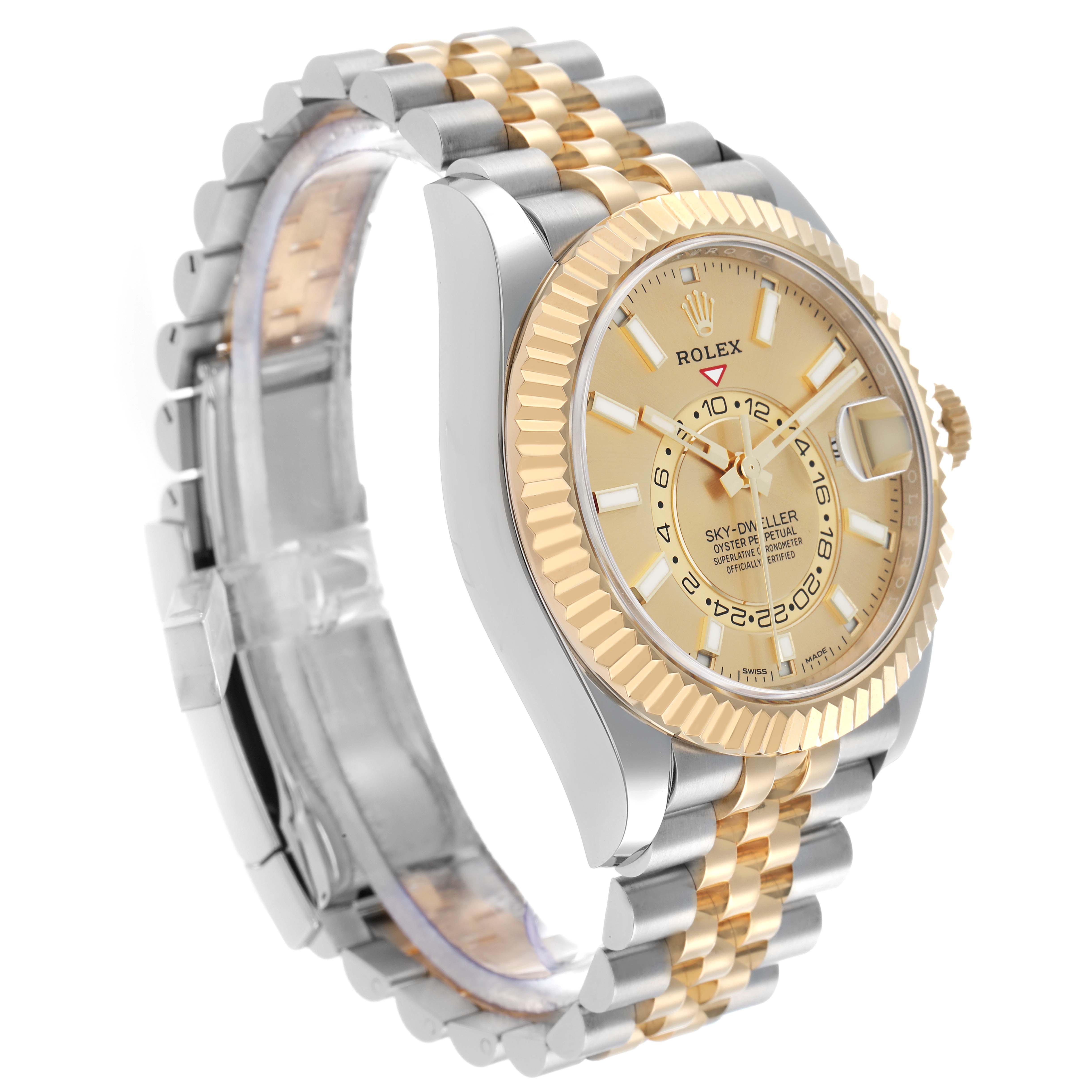 The Rolex Sky-Dweller 3269333 Men
s Steel and Gold (two tone) Champagne Dial watch is shown at a three-quarter angle, highlighting its two-tone bracelet, gold bezel, and dial.