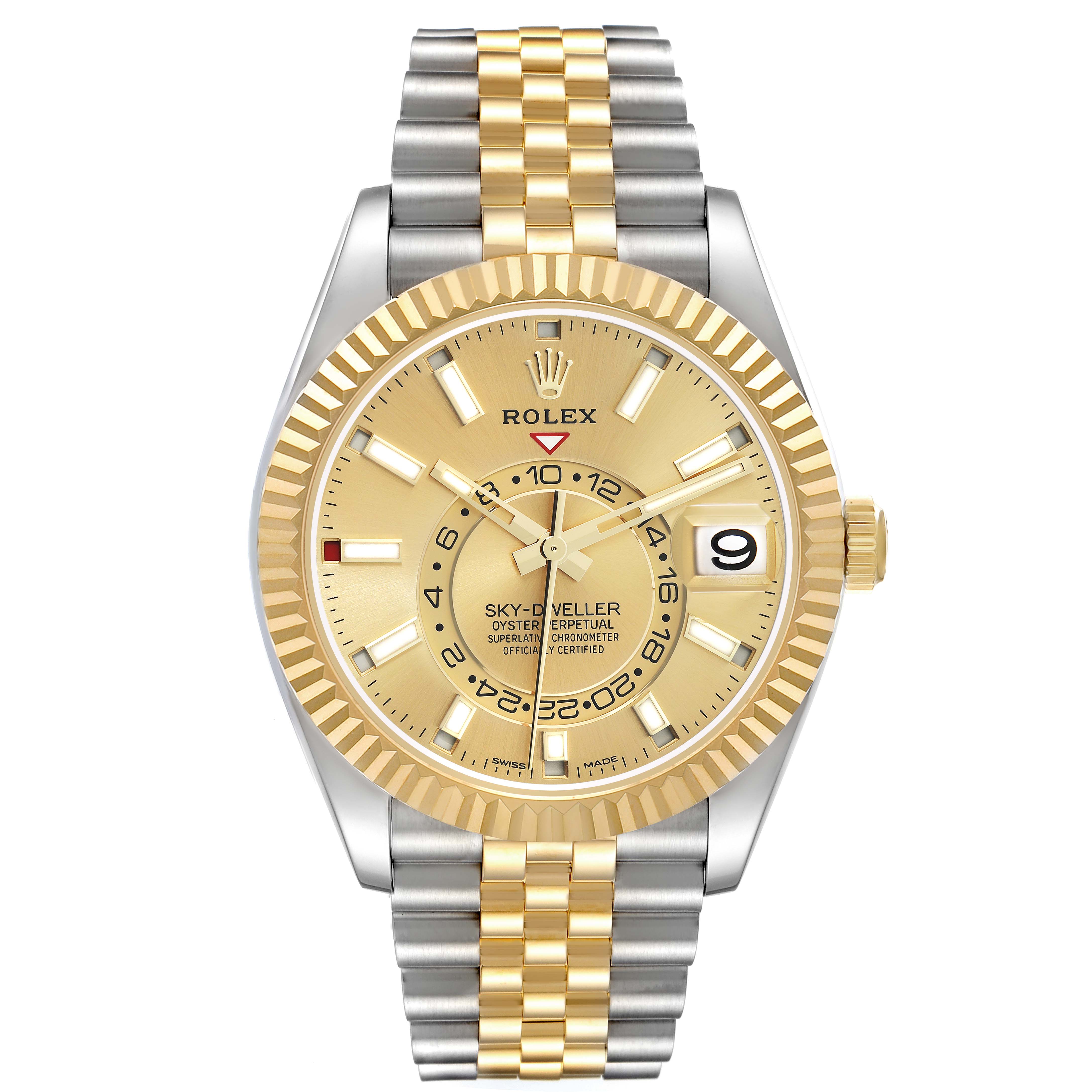 The Rolex Sky-Dweller 3269333 Men
s Steel and Gold (two tone) Champagne Dial watch is shown from a front angle, highlighting the dial, bezel, and bracelet.