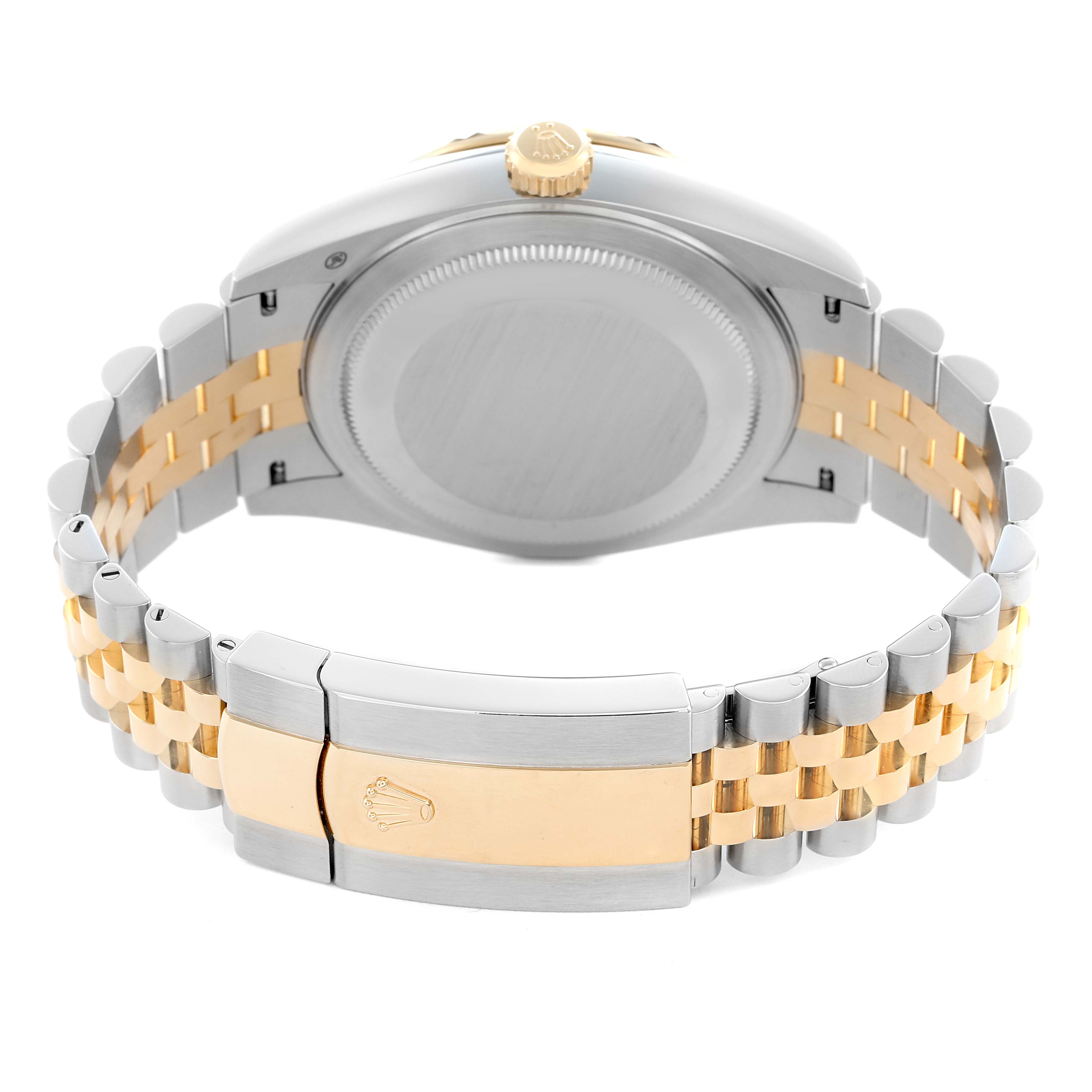 The Rolex Sky-Dweller 3269333 Men
s Steel and Gold (two tone) Champagne Dial is shown from the back, highlighting the case back, crown, and two-tone bracelet.