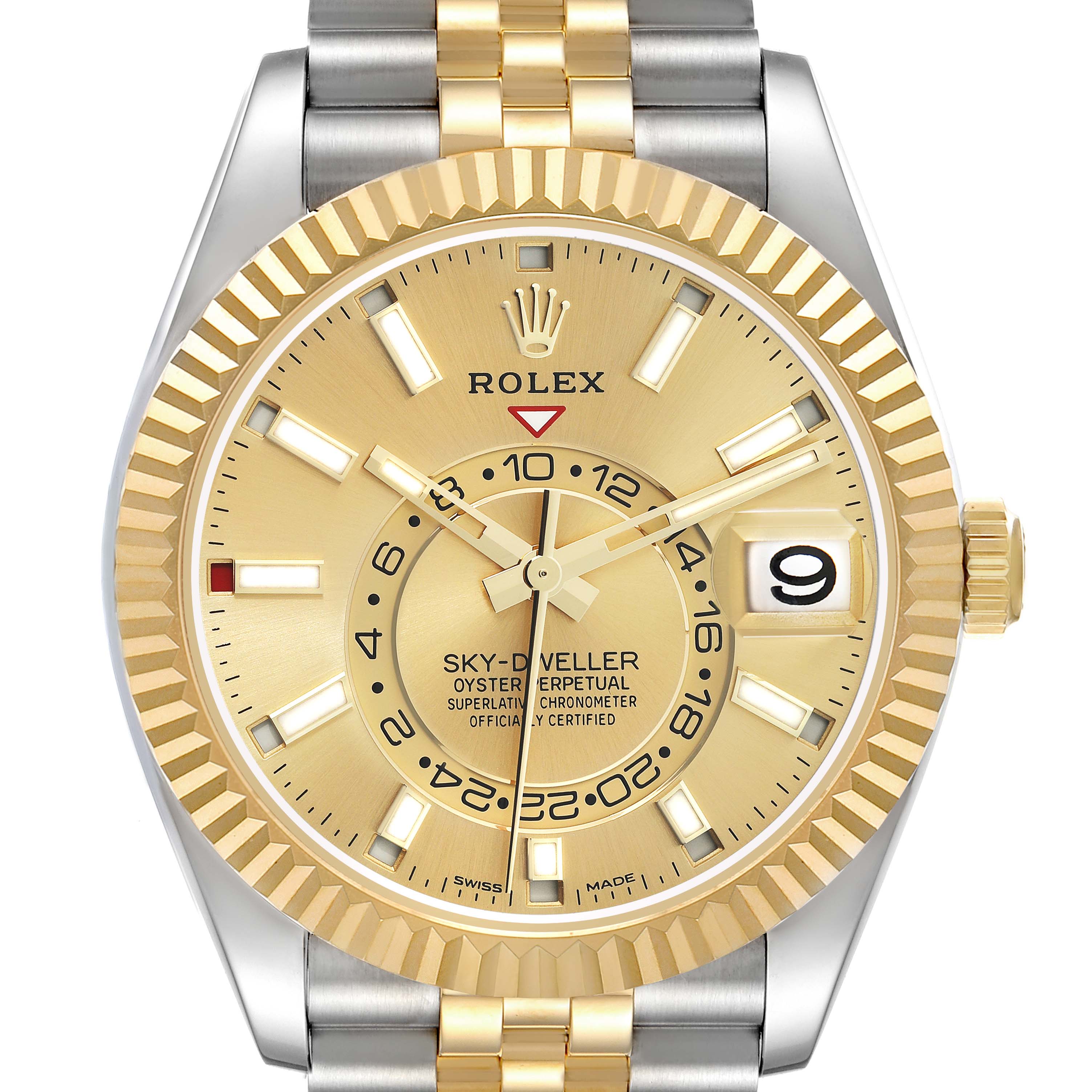 The Rolex Sky-Dweller 3269333 Men
s Steel and Gold (two tone) Champagne Dial watch is shown from a front angle highlighting the dial, bezel, crown, and bracelet.