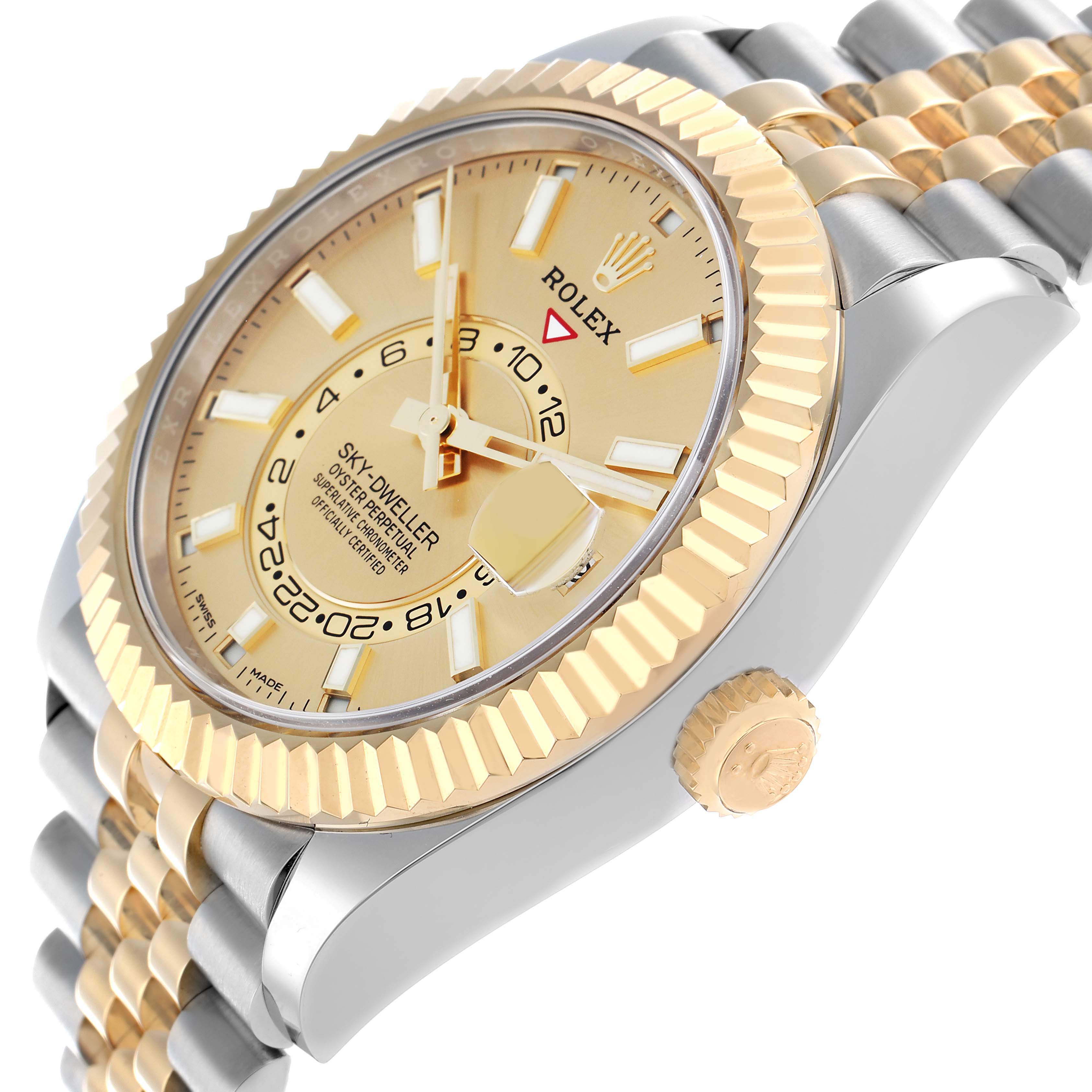 The Rolex Sky-Dweller 3269333 Men
s Steel and Gold (two tone) Champagne Dial watch is shown at a three-quarter angle, highlighting the dial, fluted bezel, crown, and bracelet.