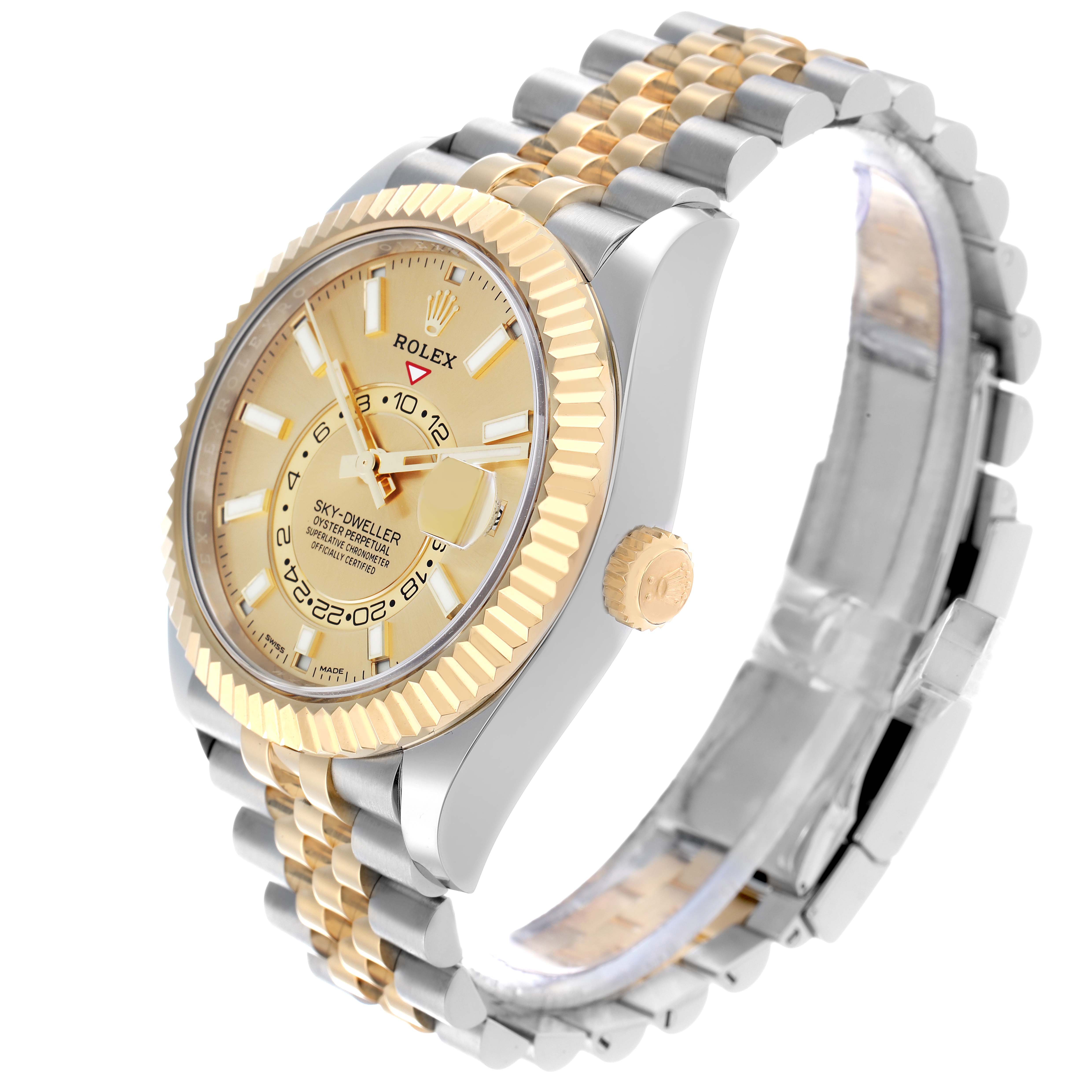 The Rolex Sky-Dweller 3269333 Men
s Steel and Gold (two tone) Champagne Dial watch is shown at a three-quarter angle, highlighting the face, crown, and bracelet.