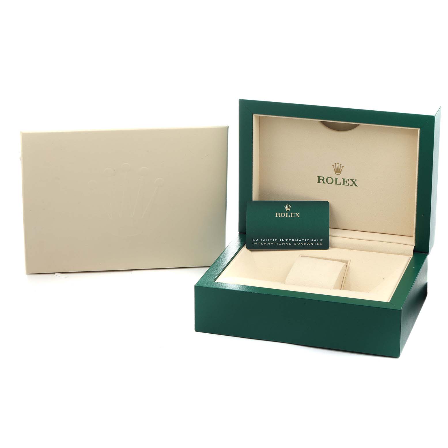 The image shows an open Rolex Sky-Dweller 3269333 Men
s Steel and Gold (two tone) Champagne Dial watch box with a card inside, viewed from a front angle.