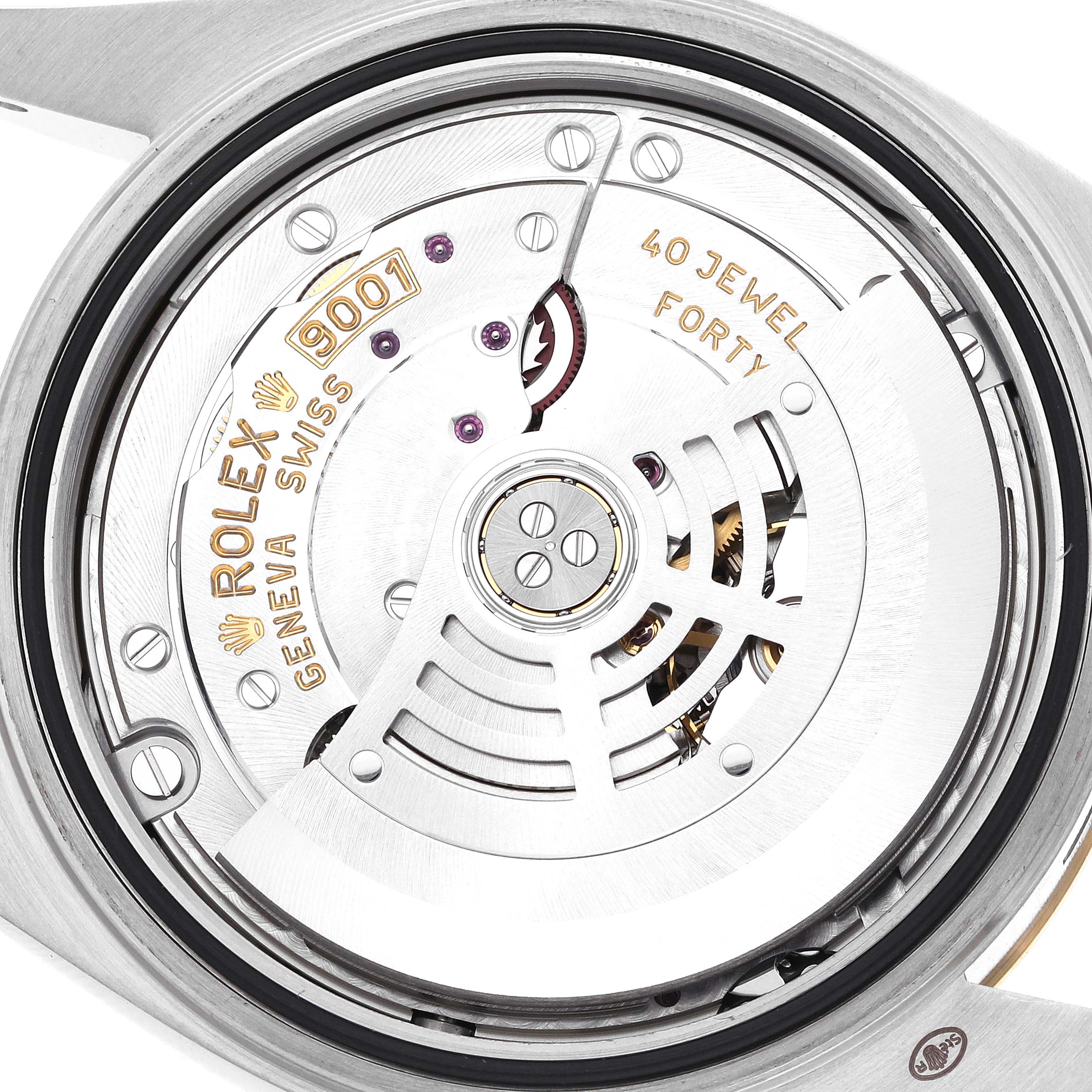 The image shows the movement of the Rolex Sky-Dweller 3269333 Men
s Steel and Gold (two tone) Champagne Dial, highlighting the rotor and internal components from the back.
