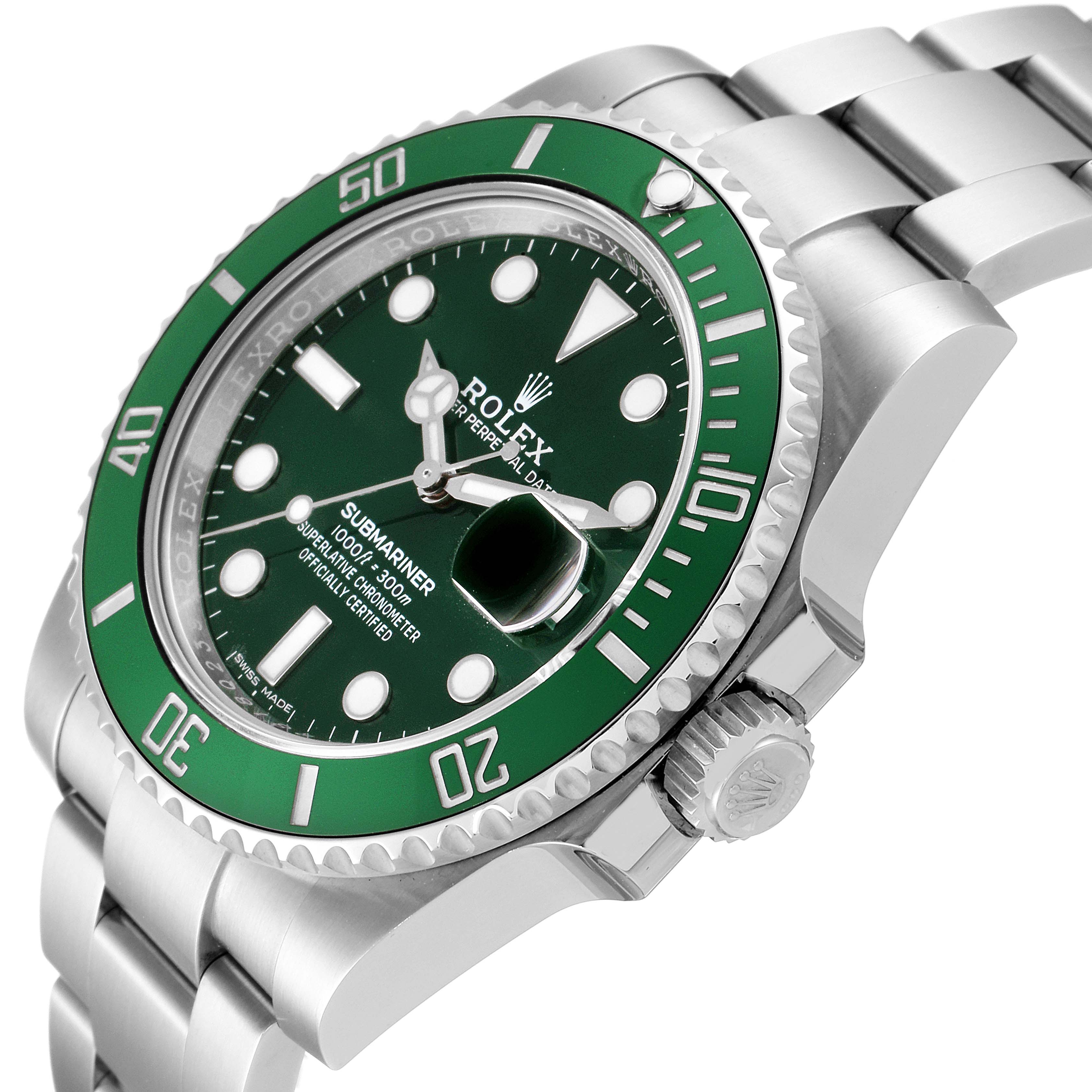 The image shows a Rolex Submariner 116610LV Men's Stainless Steel Green Dial 116610LV Men's Stainless Steel Green Dial watch at an angle, displaying the green bezel, dial, and stainless steel bracelet.