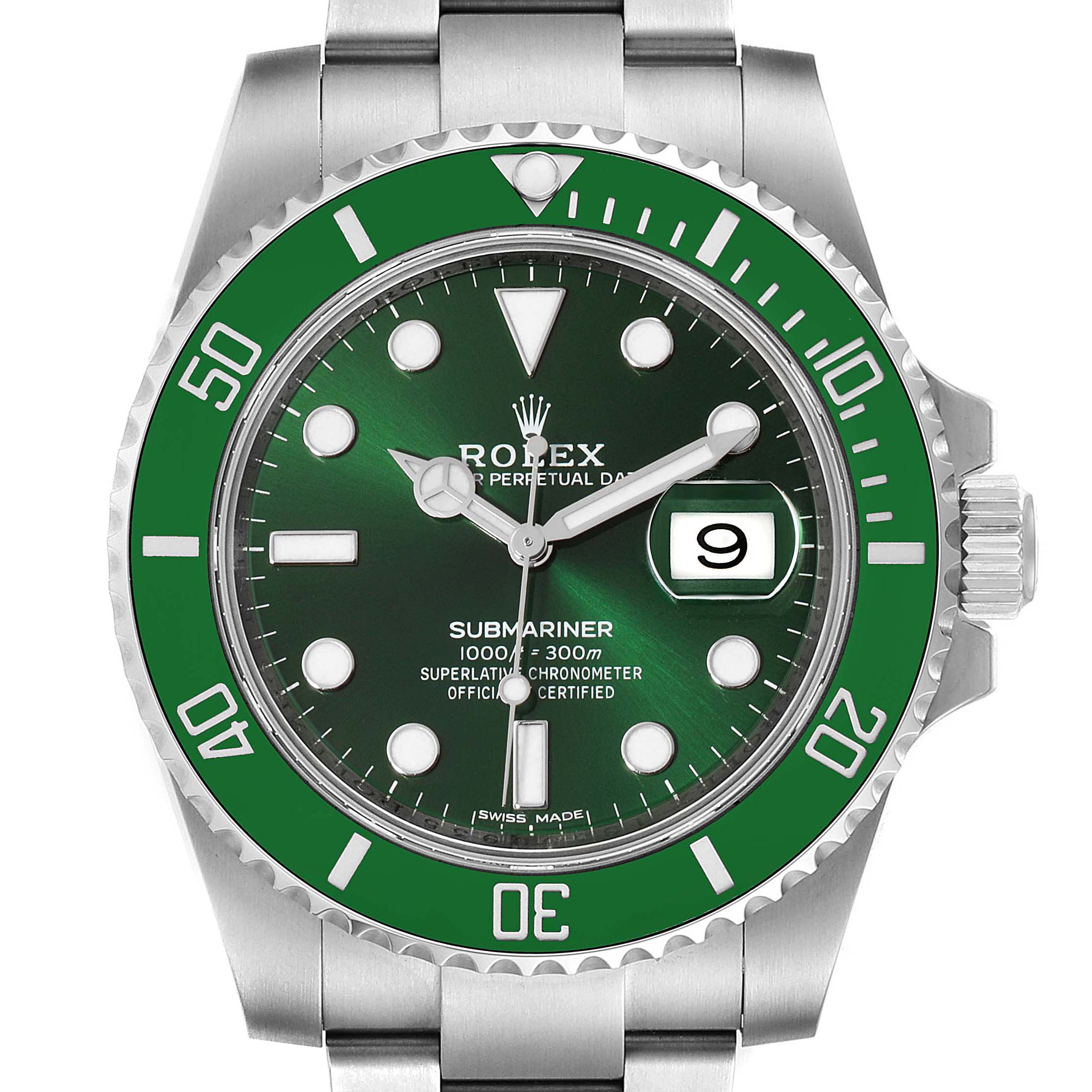 This image shows a front view of the Rolex Submariner 116610LV Men's Stainless Steel Green Dial 116610LV Men's Stainless Steel Green Dial watch, featuring a green bezel, green dial, and the stainless steel bracelet.