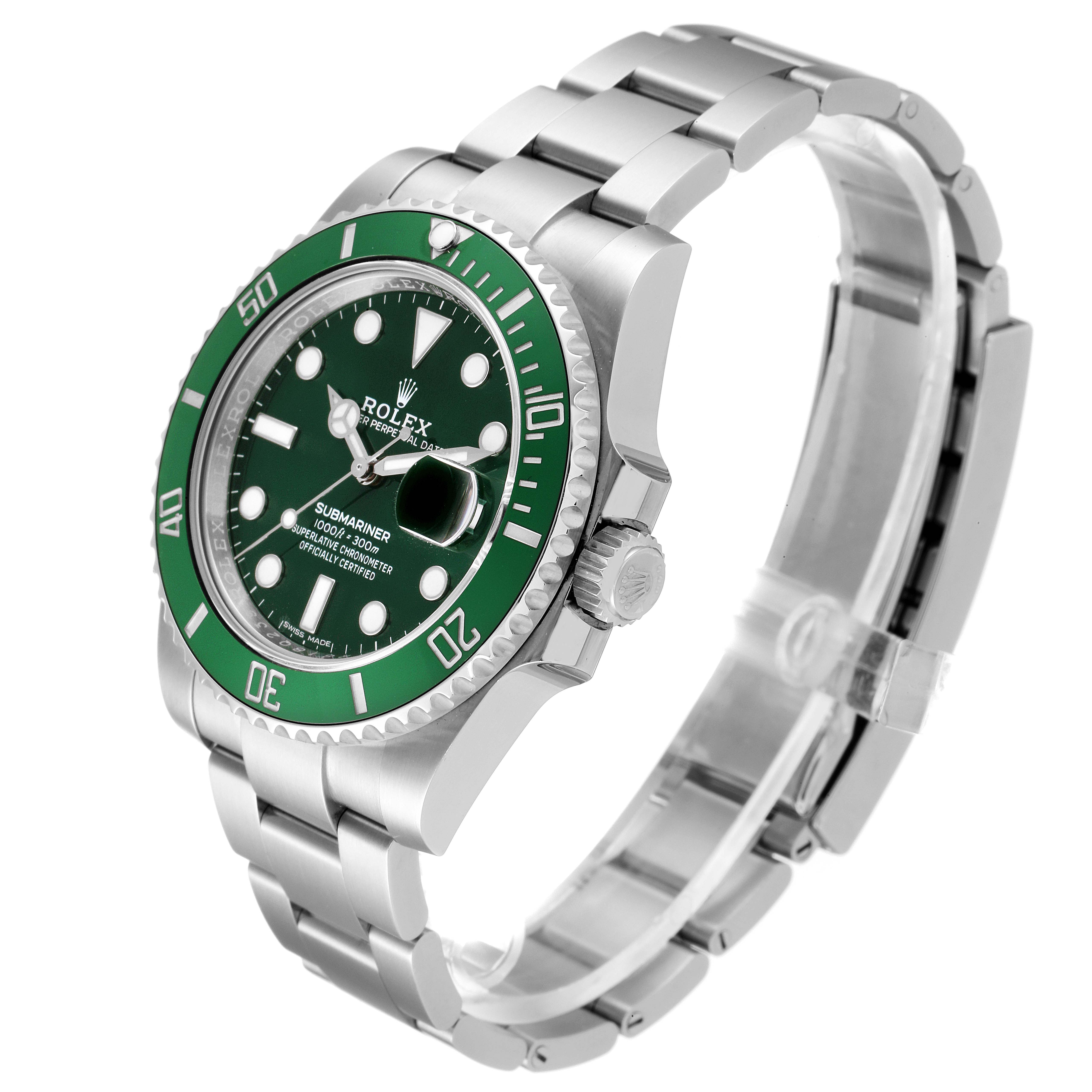 The image shows a Rolex Submariner 116610LV Men's Stainless Steel Green Dial 116610LV Men's Stainless Steel Green Dial watch at a three-quarter angle, highlighting the green bezel, dial, and stainless steel bracelet.