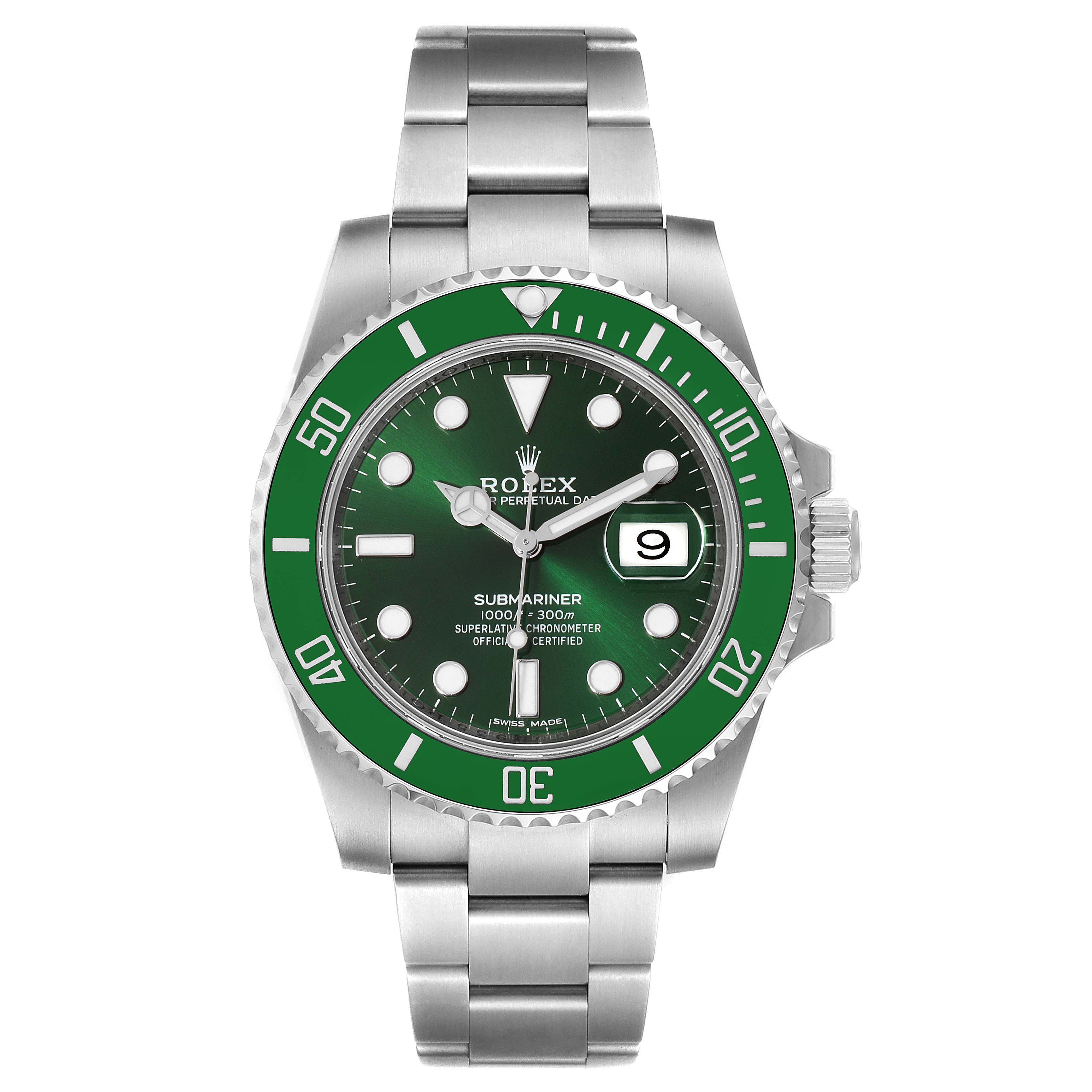 The image shows a front view of the Rolex Submariner 116610LV Men's Stainless Steel Green Dial 116610LV Men's Stainless Steel Green Dial watch with a green dial and bezel.