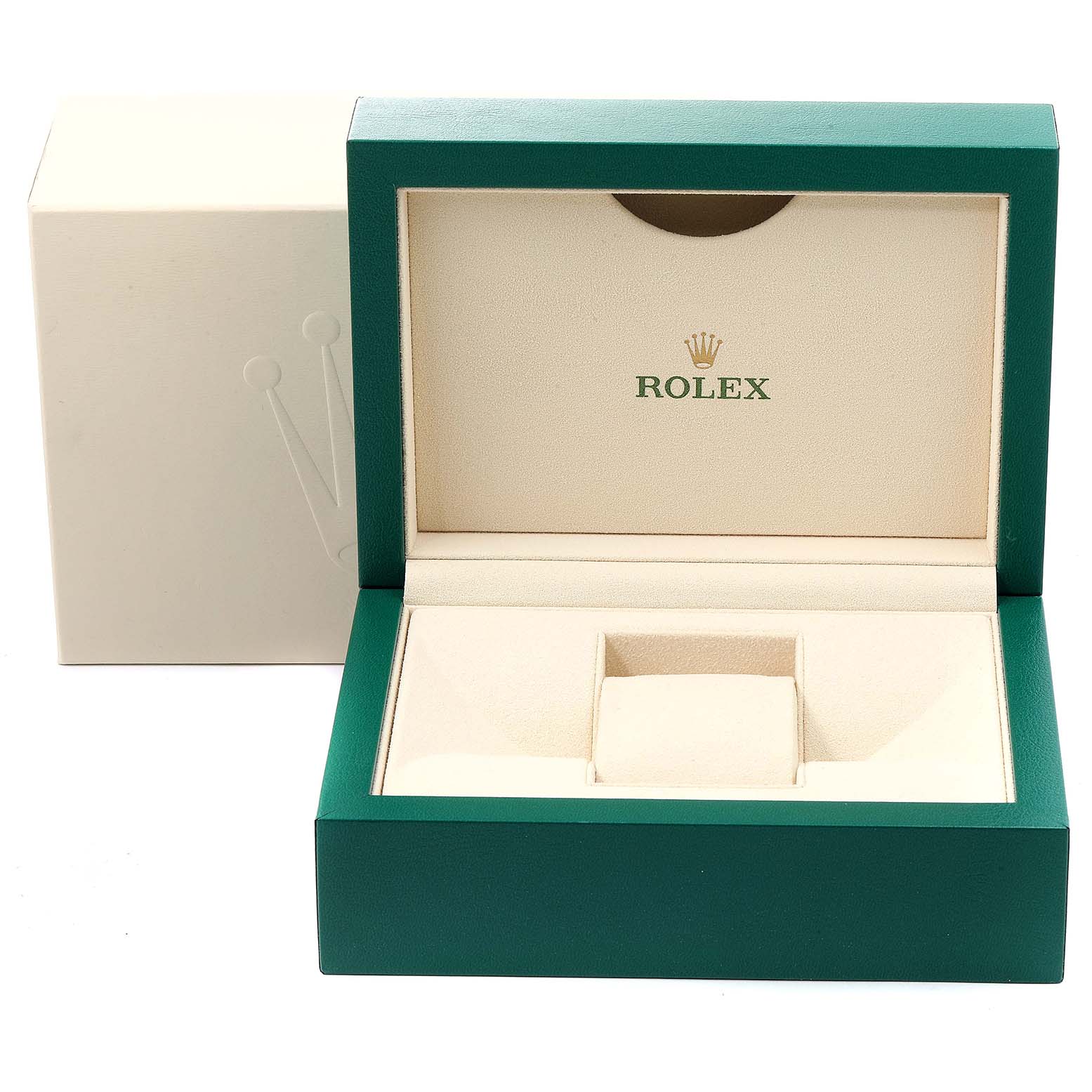 This image shows the open packaging box of a Rolex Submariner 116610LV Men's Stainless Steel Green Dial 116610LV Men's Stainless Steel Green Dial watch, featuring a green outer frame and beige interior.