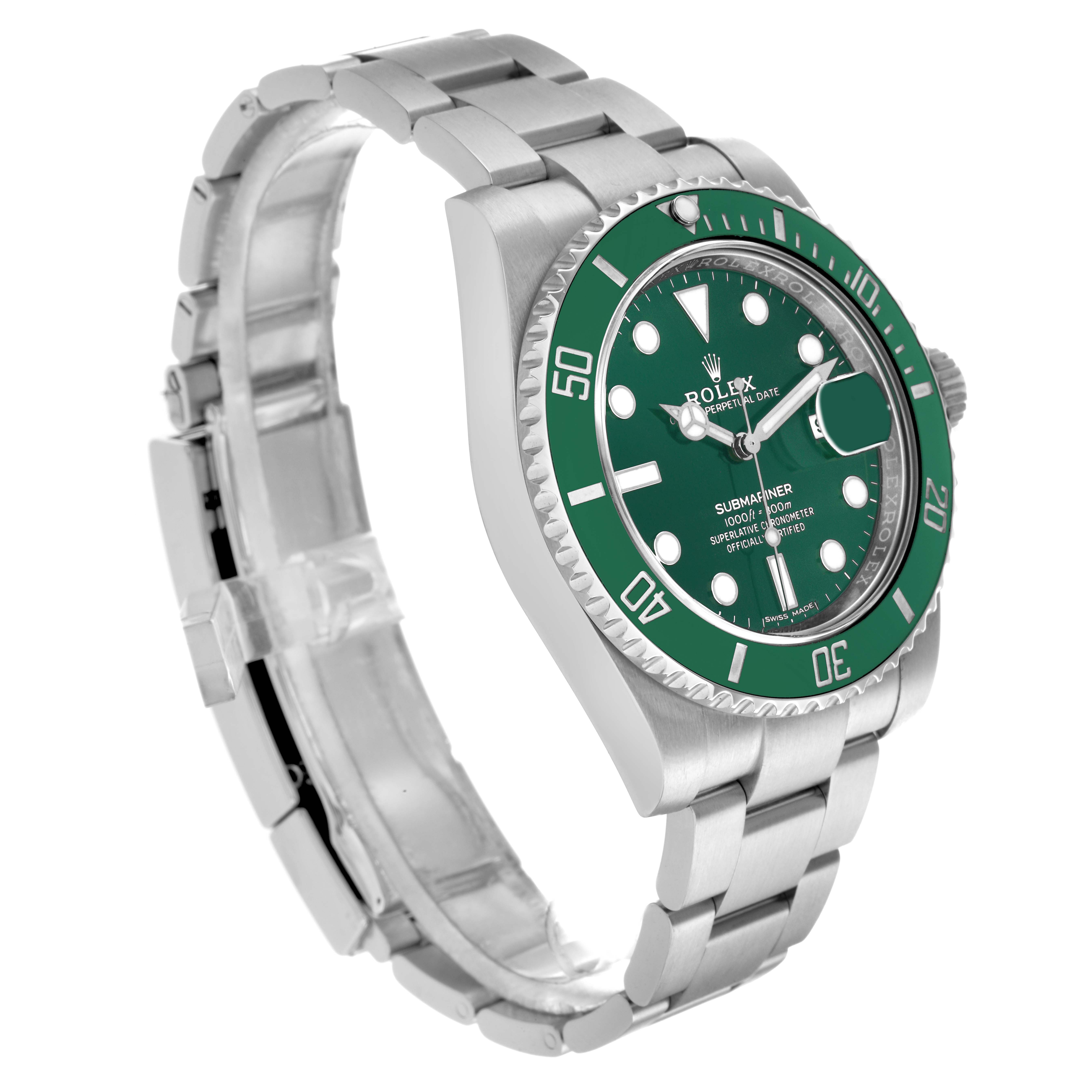 The Rolex Submariner 116610 Men
s Stainless Steel Green Dial watch is shown at a three-quarter angle, displaying the green bezel, face, and stainless steel bracelet.