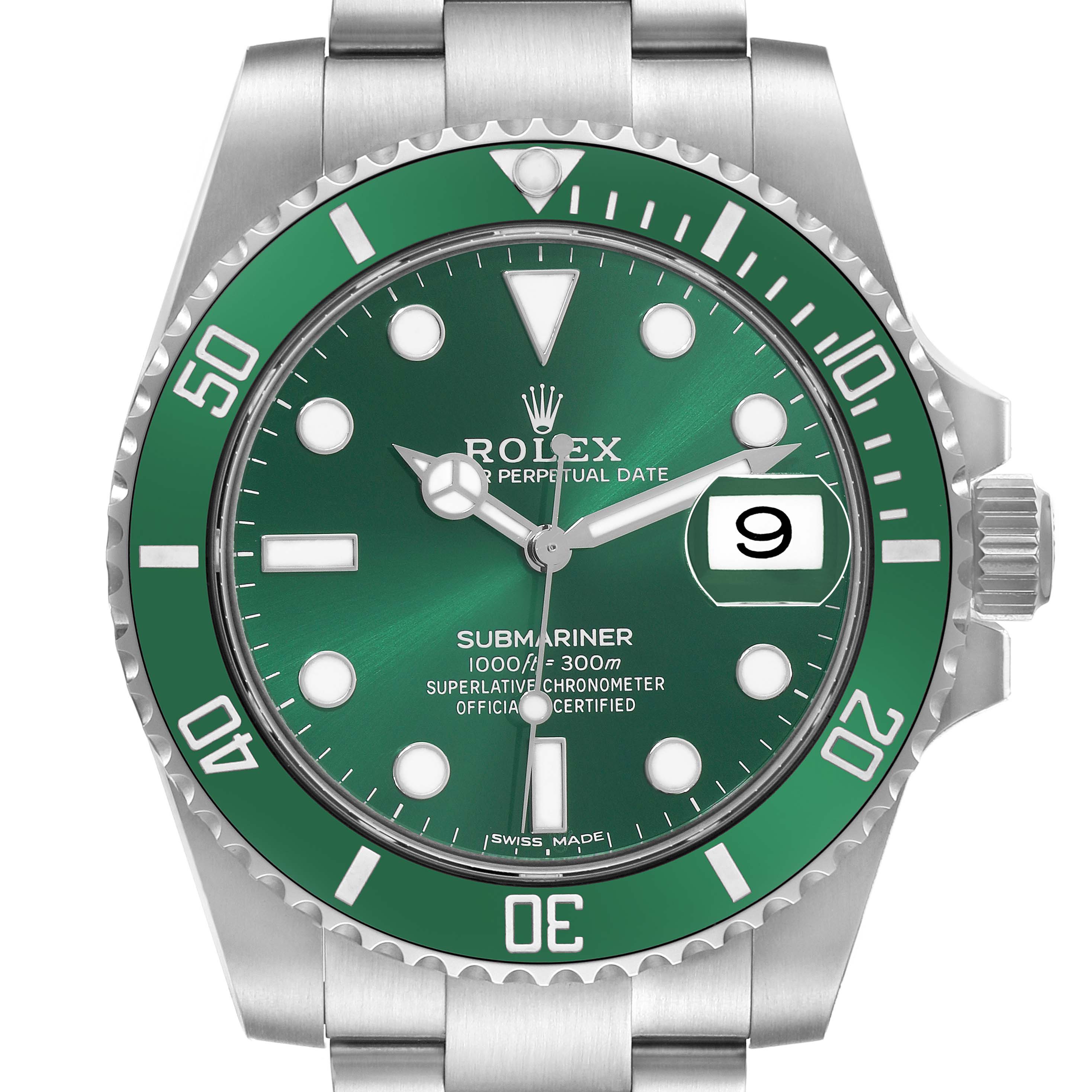 The Rolex Submariner 116610 Men
s Stainless Steel Green Dial watch is shown in a front view, highlighting the green bezel, dial, hands, markers, date window, and bracelet.