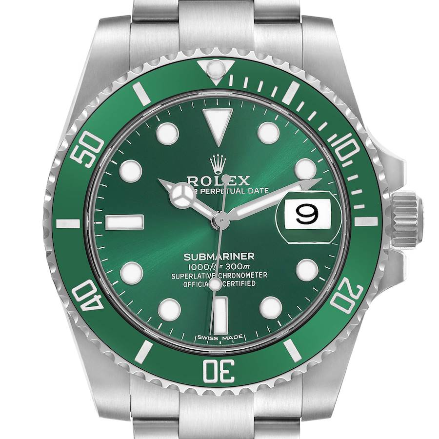 The Rolex Submariner 116610 Men's Stainless Steel Green Dial watch is shown in a front view, highlighting the green bezel, dial, hands, markers, date window, and bracelet.