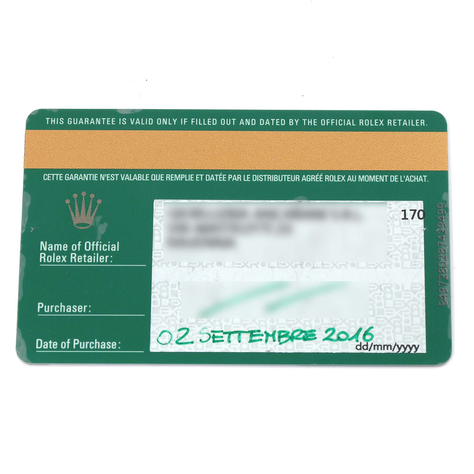 This image shows a guarantee card for a Rolex Submariner 116610 Men
s Stainless Steel Green Dial, displaying purchase information and retailer details.