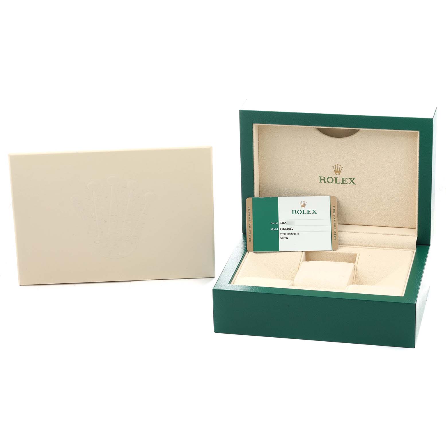 The image shows a Rolex Submariner 116610 Men
s Stainless Steel Green Dial box from a front angle, with the inner box opened and an Best Quality
ity card visible.